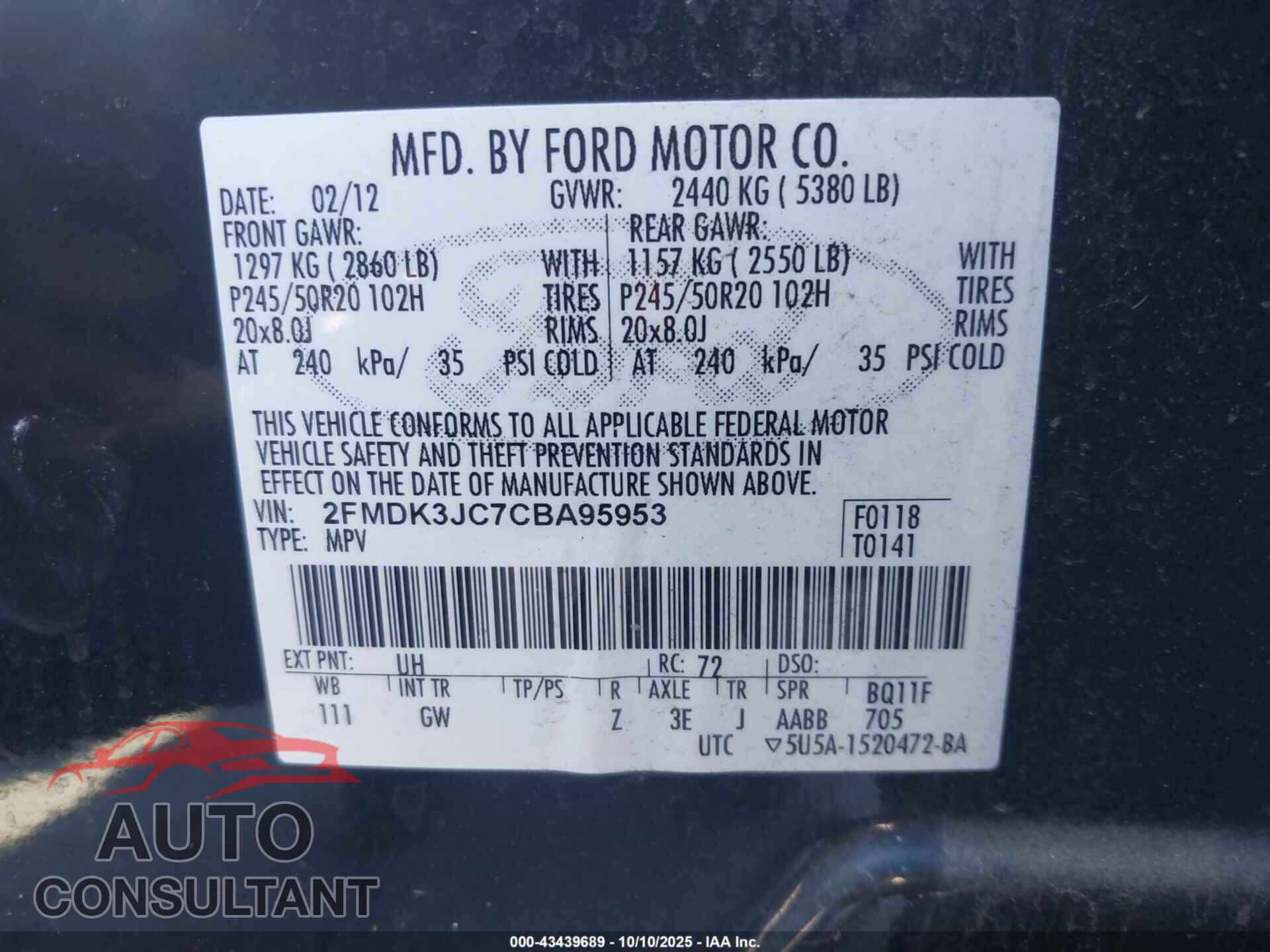 FORD EDGE 2012 - 2FMDK3JC7CBA95953