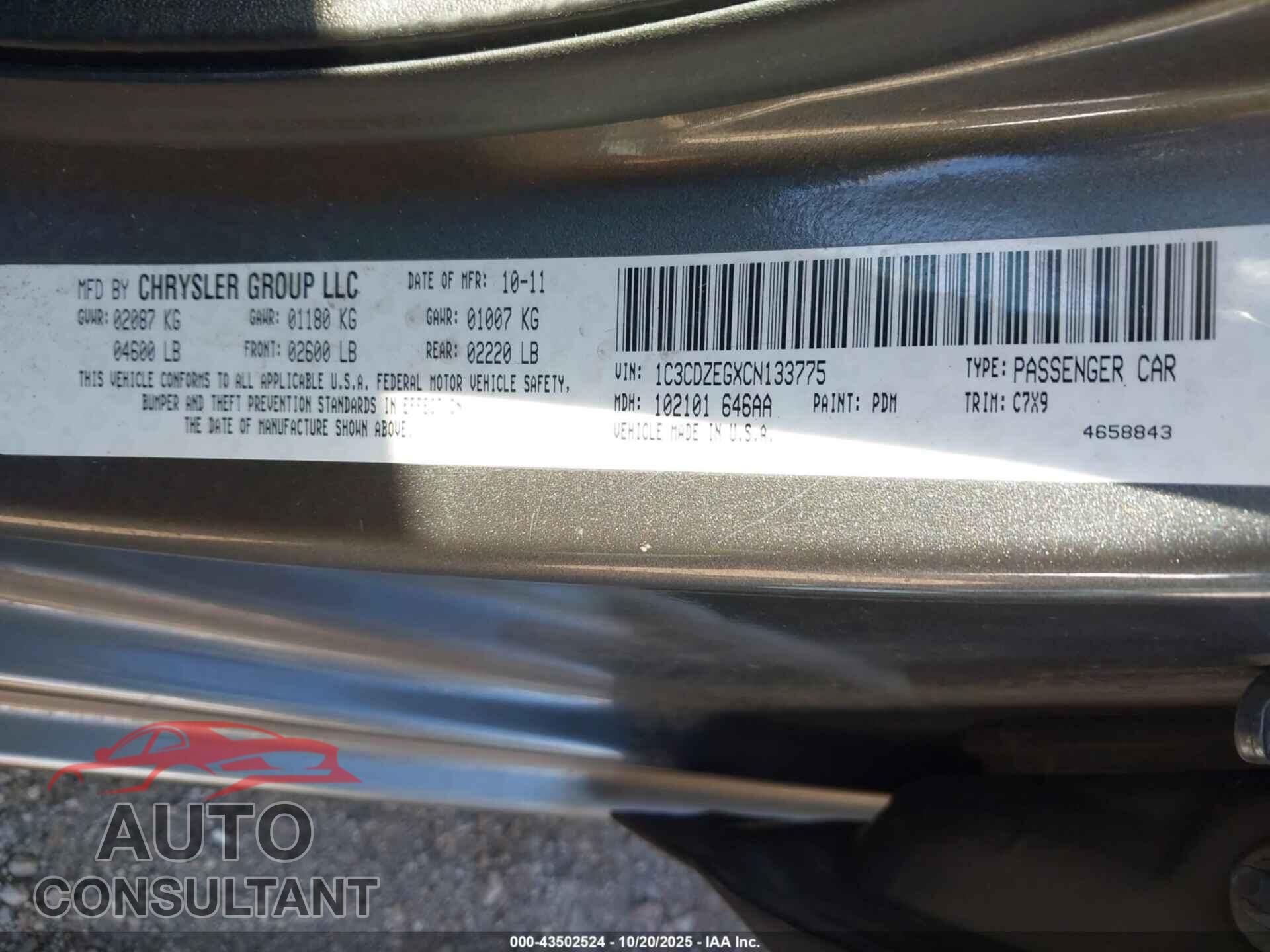 DODGE AVENGER 2012 - 1C3CDZEGXCN133775