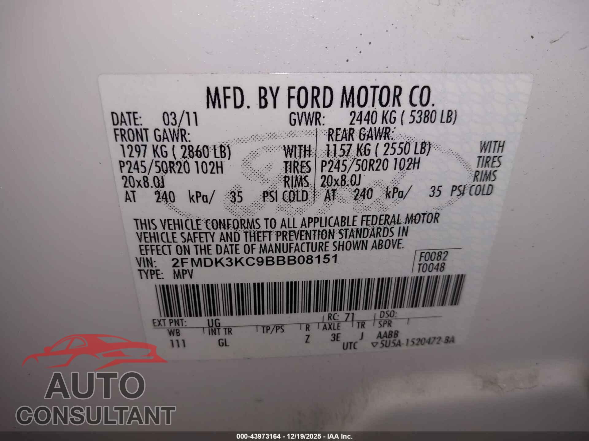 FORD EDGE 2011 - 2FMDK3KC9BBB08151