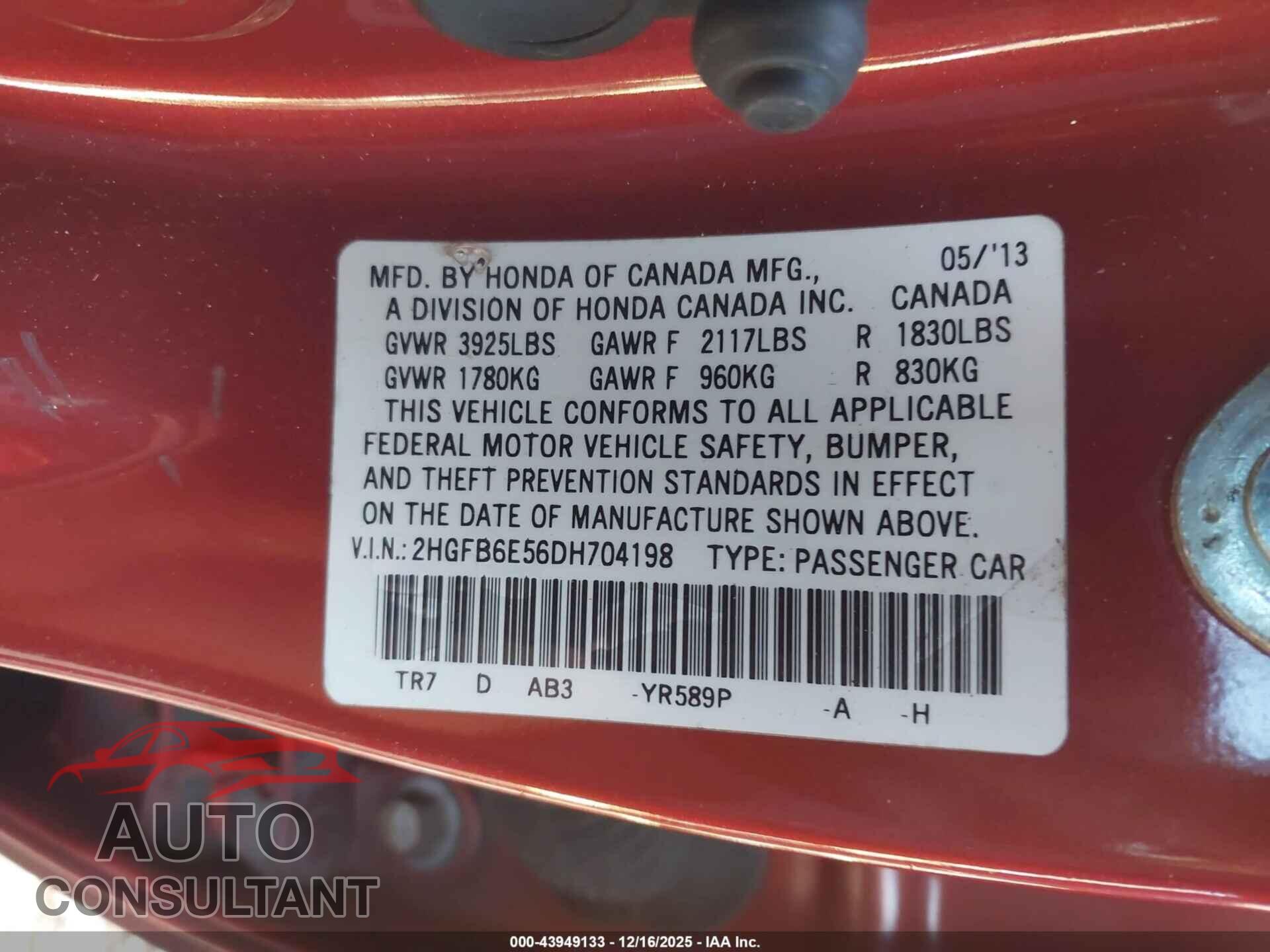 HONDA CIVIC 2013 - 2HGFB6E56DH704198