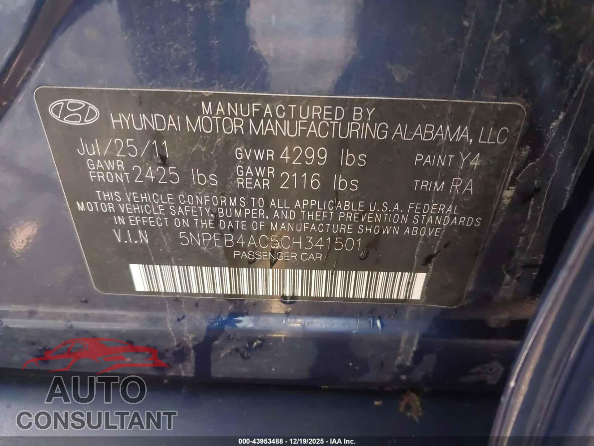 HYUNDAI SONATA 2012 - 5NPEB4AC5CH341501