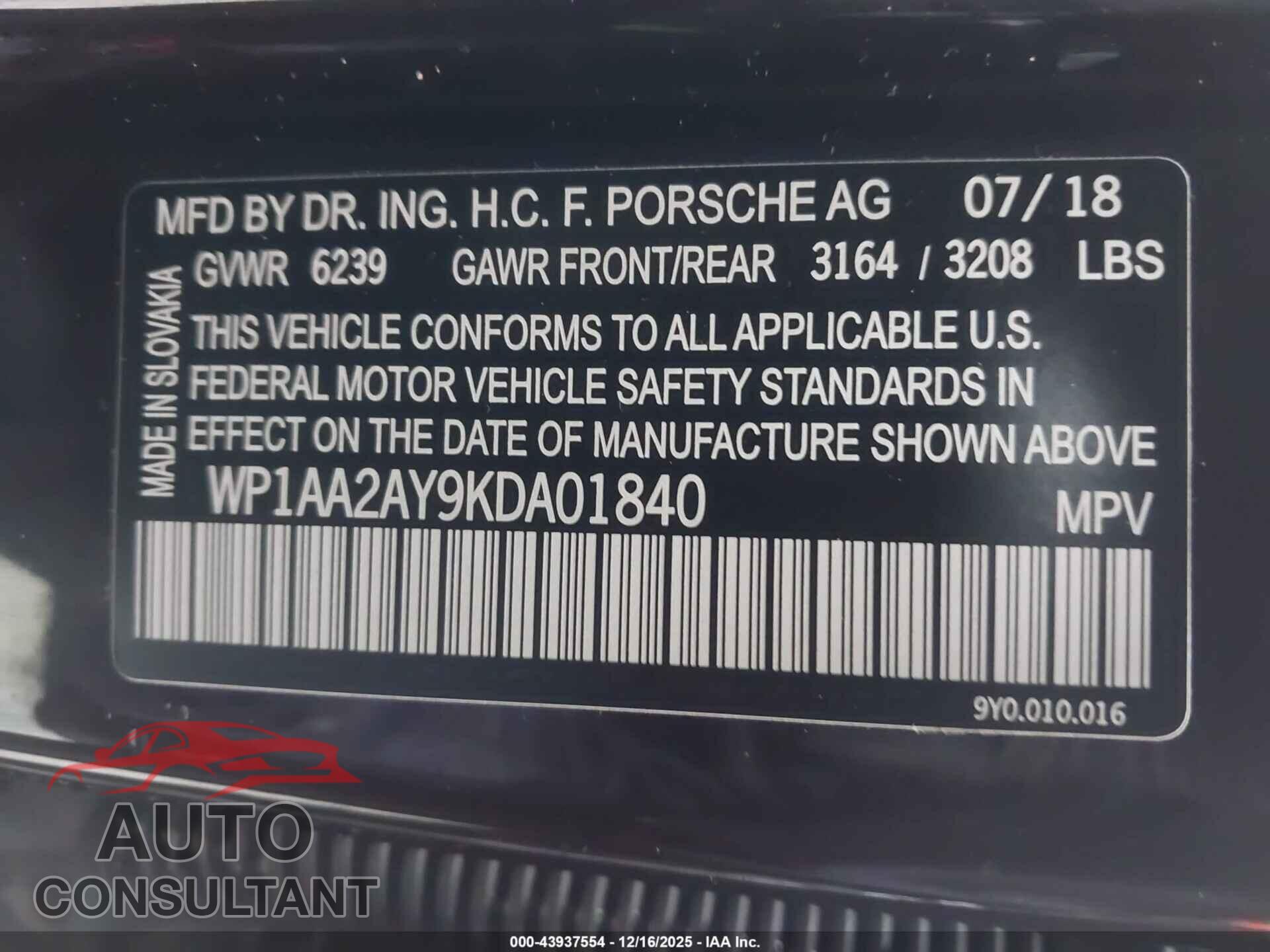 PORSCHE CAYENNE 2019 - WP1AA2AY9KDA01840
