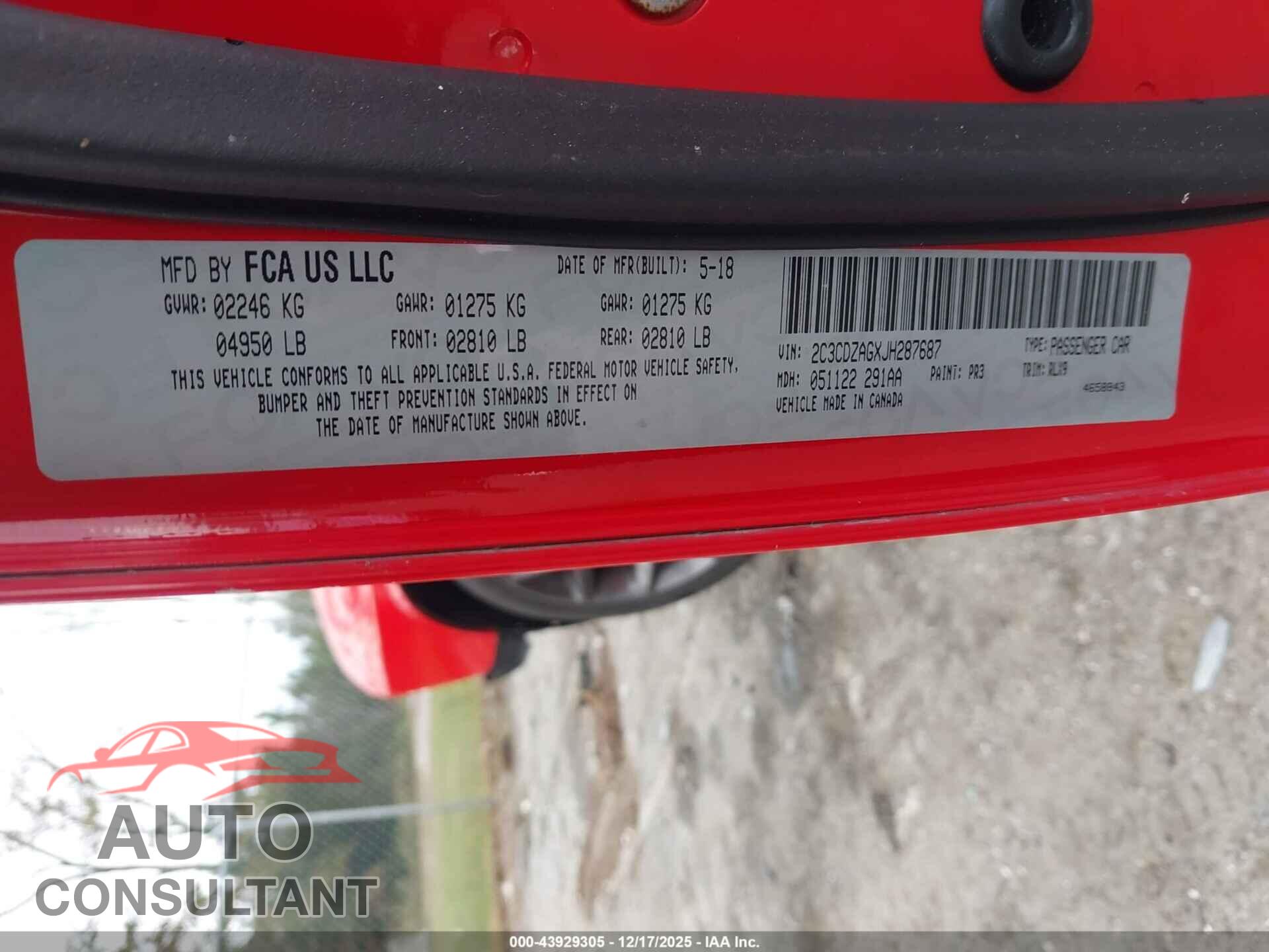 DODGE CHALLENGER 2018 - 2C3CDZAGXJH287687