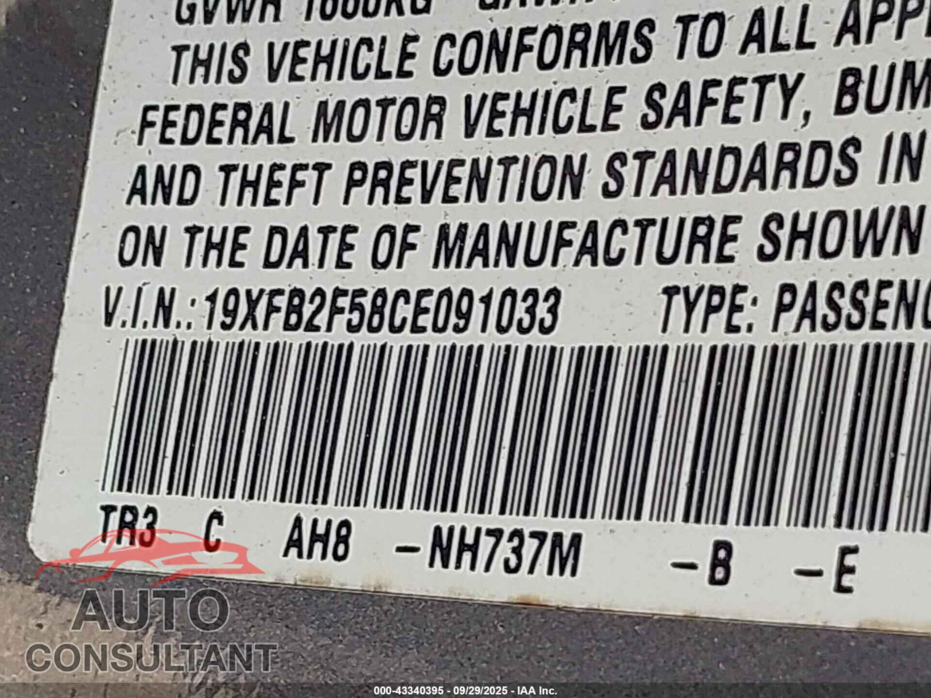 HONDA CIVIC 2012 - 19XFB2F58CE091033