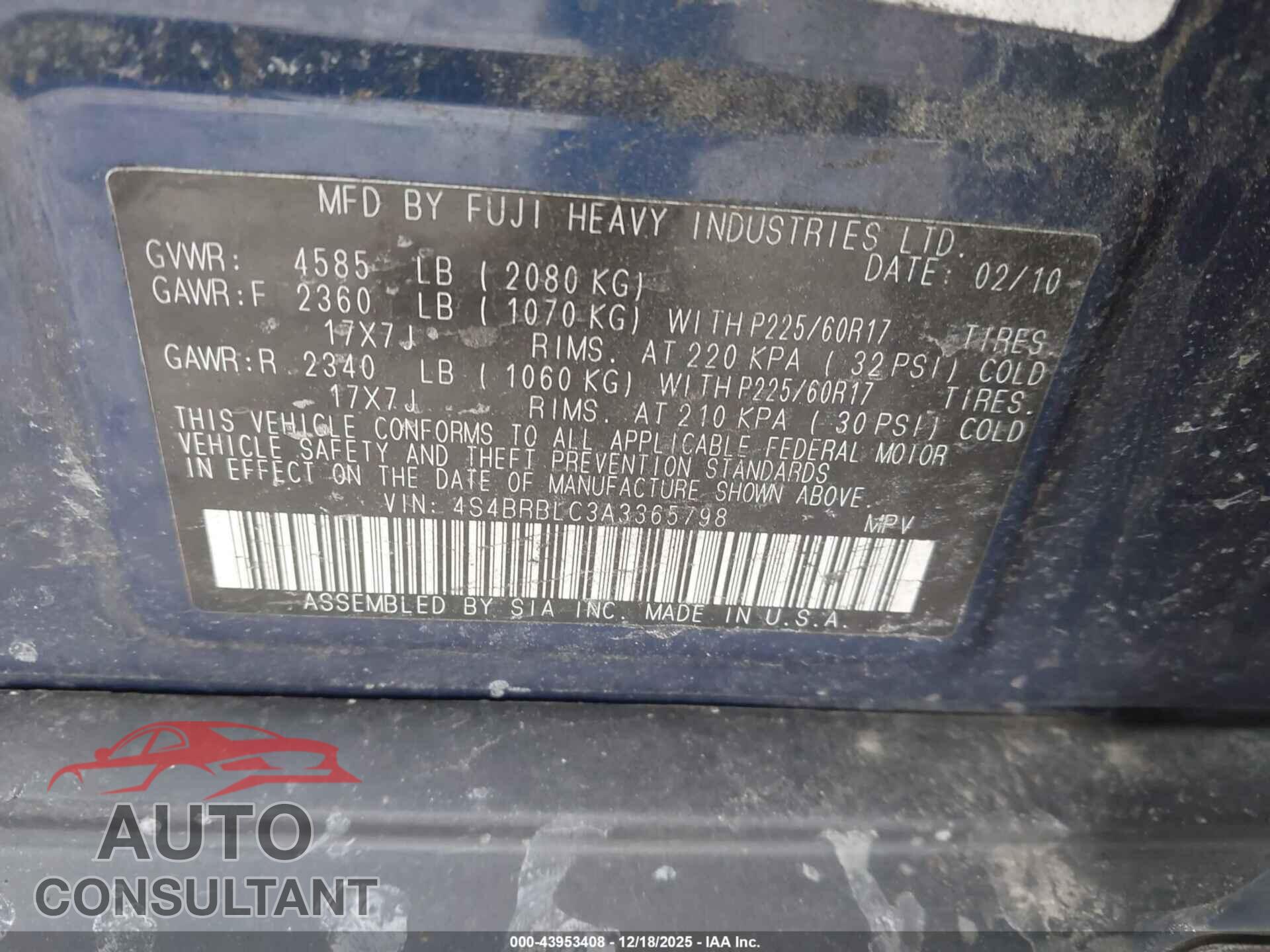 SUBARU OUTBACK 2010 - 4S4BRBLC3A3365798