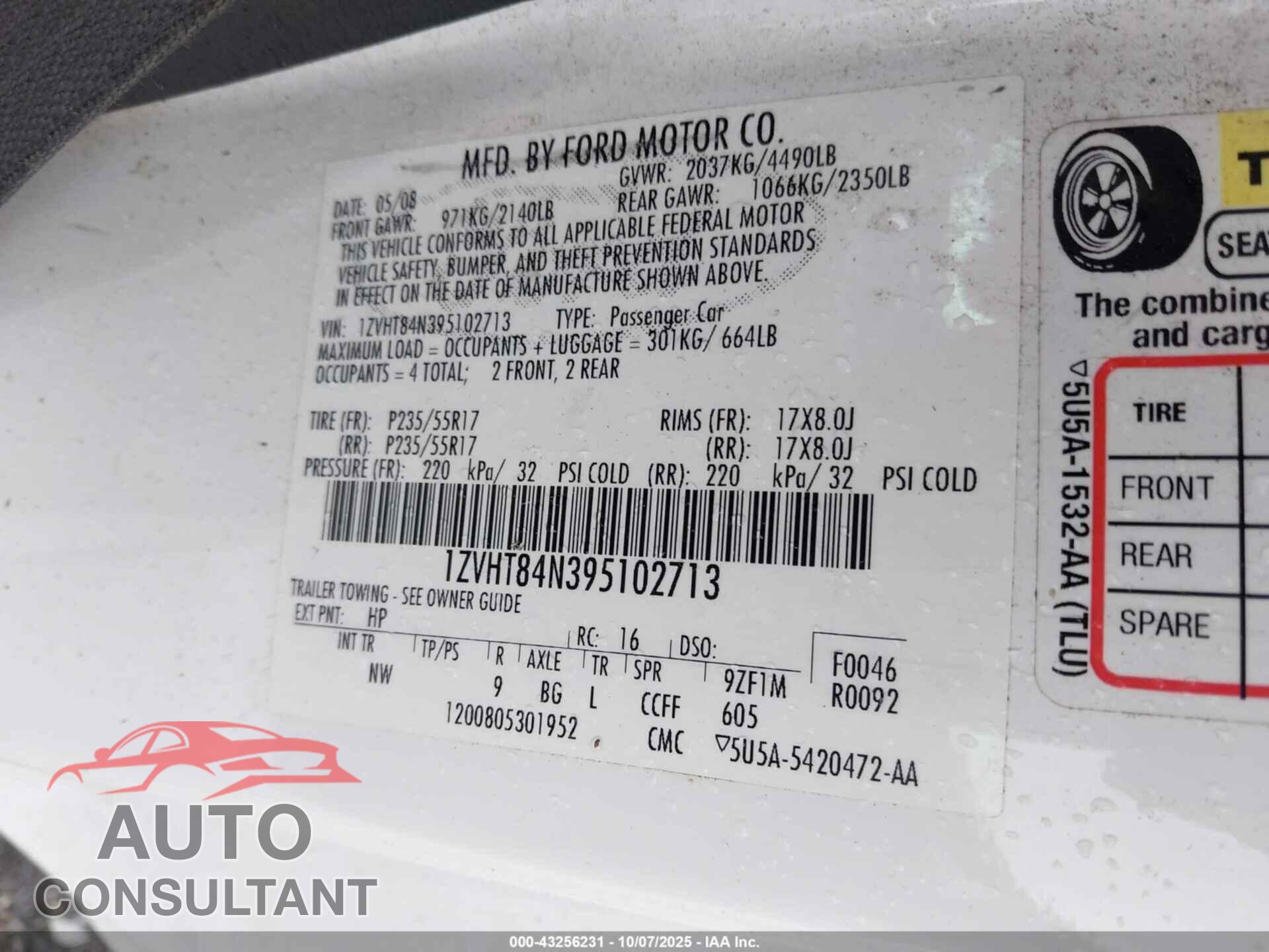 FORD MUSTANG 2009 - 1ZVHT84N395102713