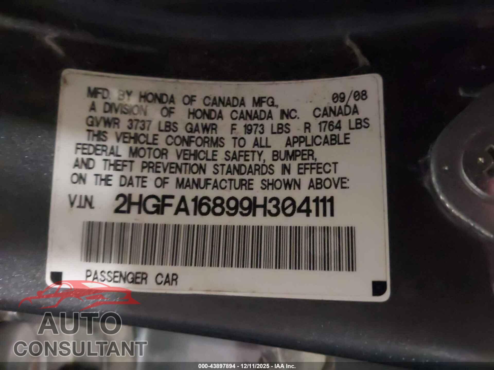 HONDA CIVIC 2009 - 2HGFA16899H304111