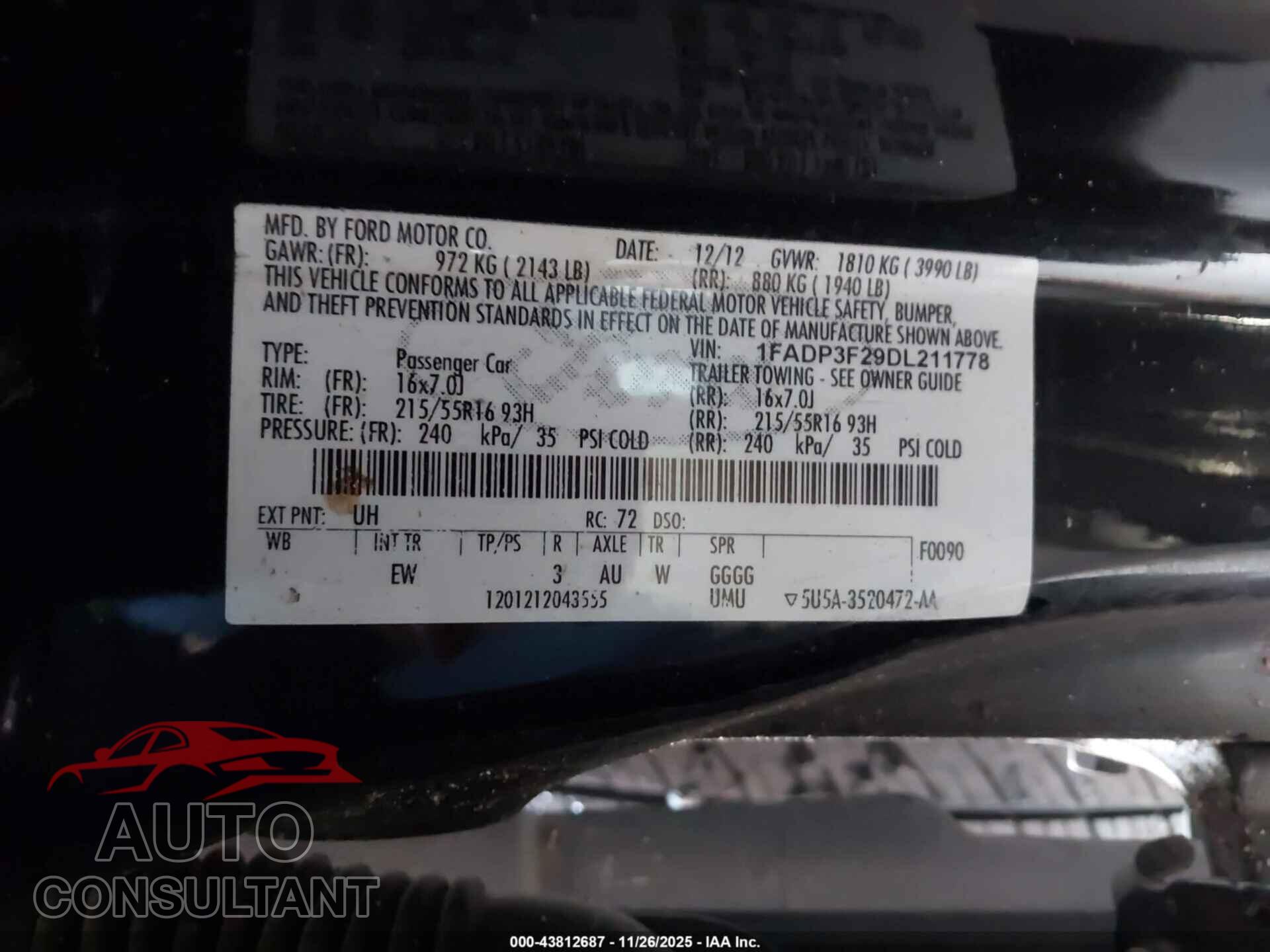FORD FOCUS 2013 - 1FADP3F29DL211778