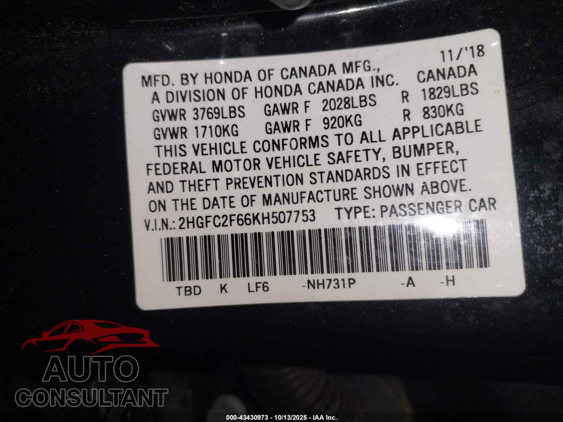 HONDA CIVIC 2019 - 2HGFC2F66KH507753