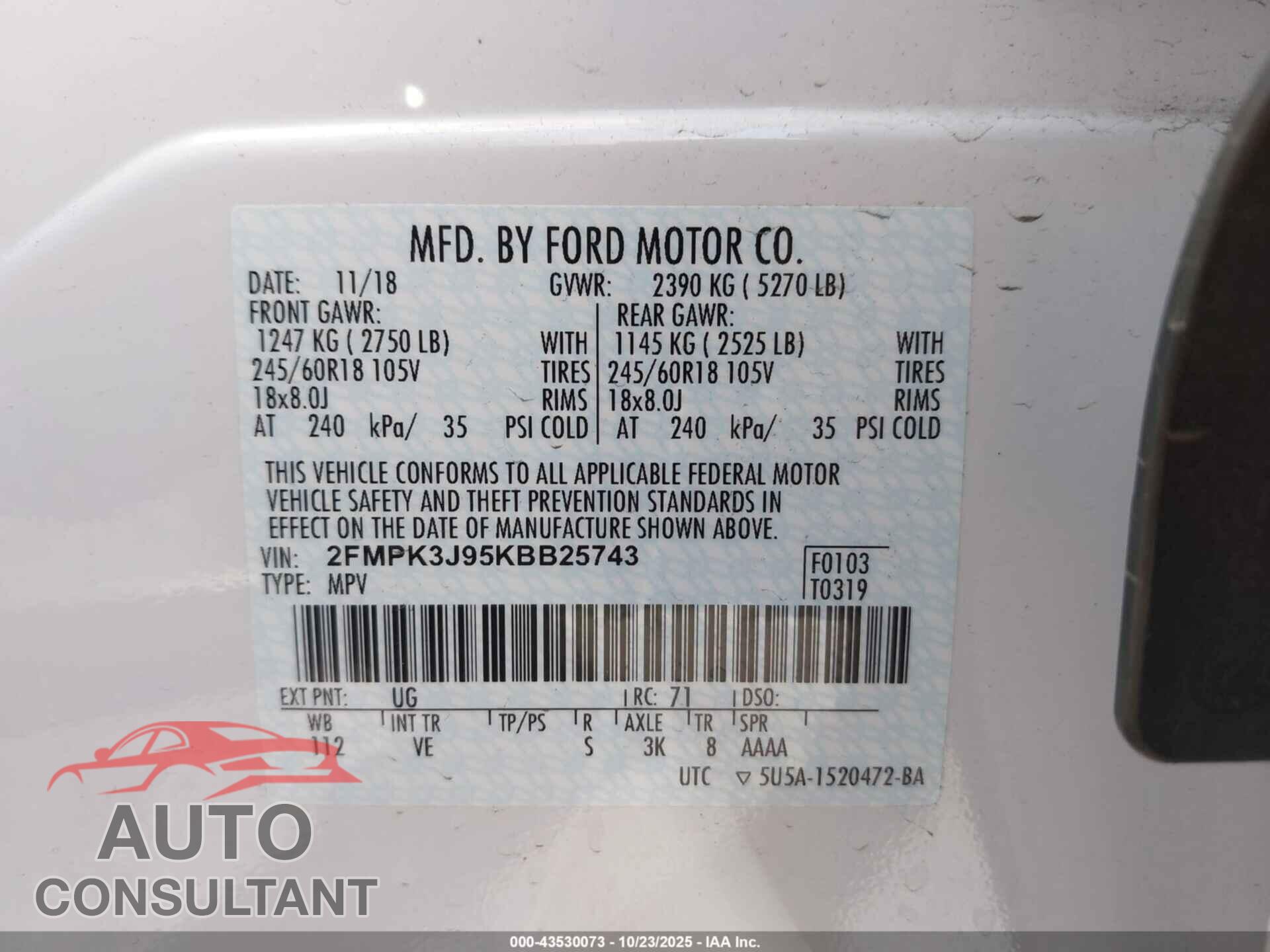FORD EDGE 2019 - 2FMPK3J95KBB25743