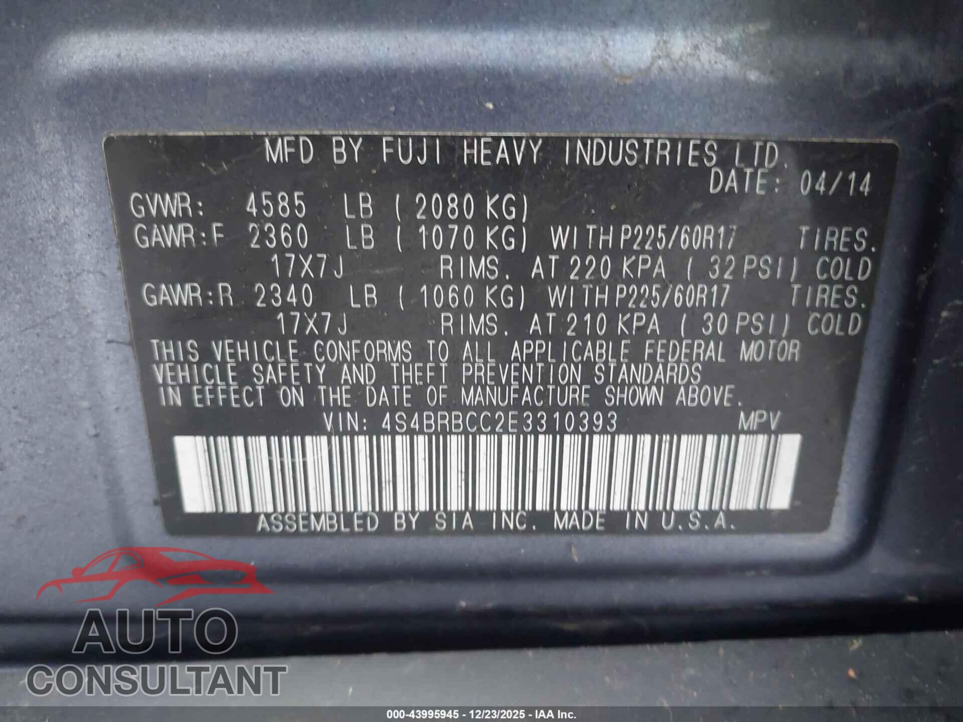 SUBARU OUTBACK 2014 - 4S4BRBCC2E3310393