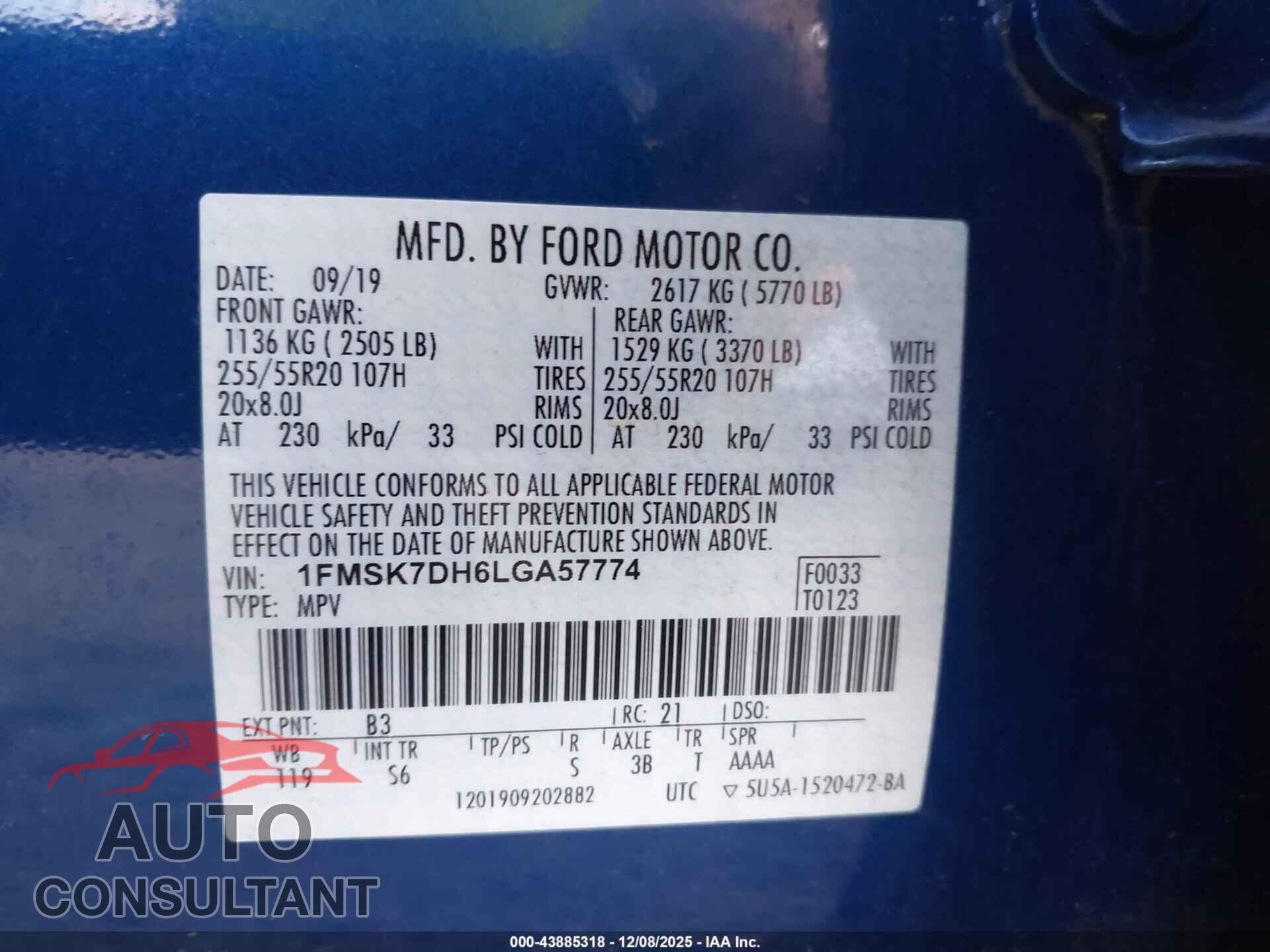 FORD EXPLORER 2020 - 1FMSK7DH6LGA57774