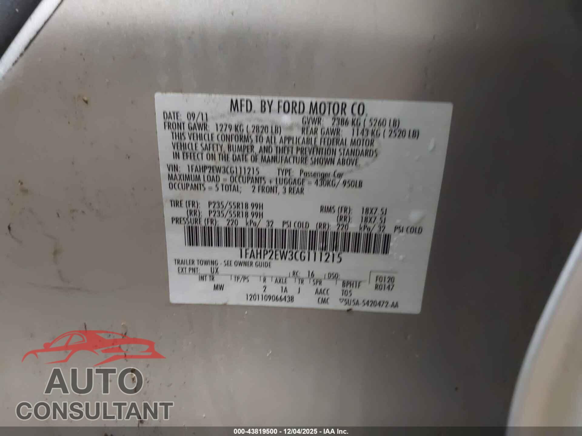 FORD TAURUS 2012 - 1FAHP2EW3CG111215
