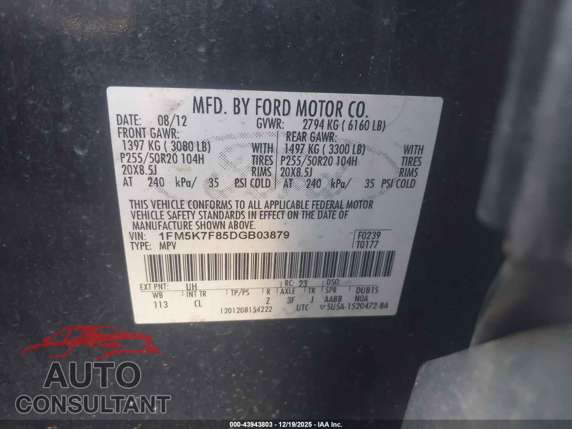 FORD EXPLORER 2013 - 1FM5K7F85DGB03879