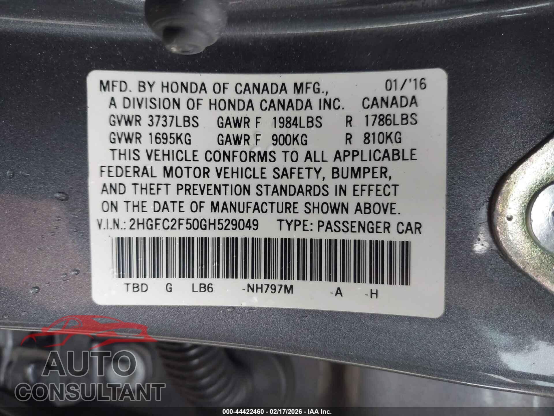 HONDA CIVIC 2016 - 2HGFC2F50GH529049