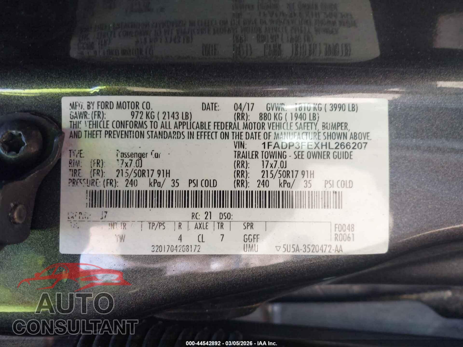 FORD FOCUS 2017 - 1FADP3FEXHL266207
