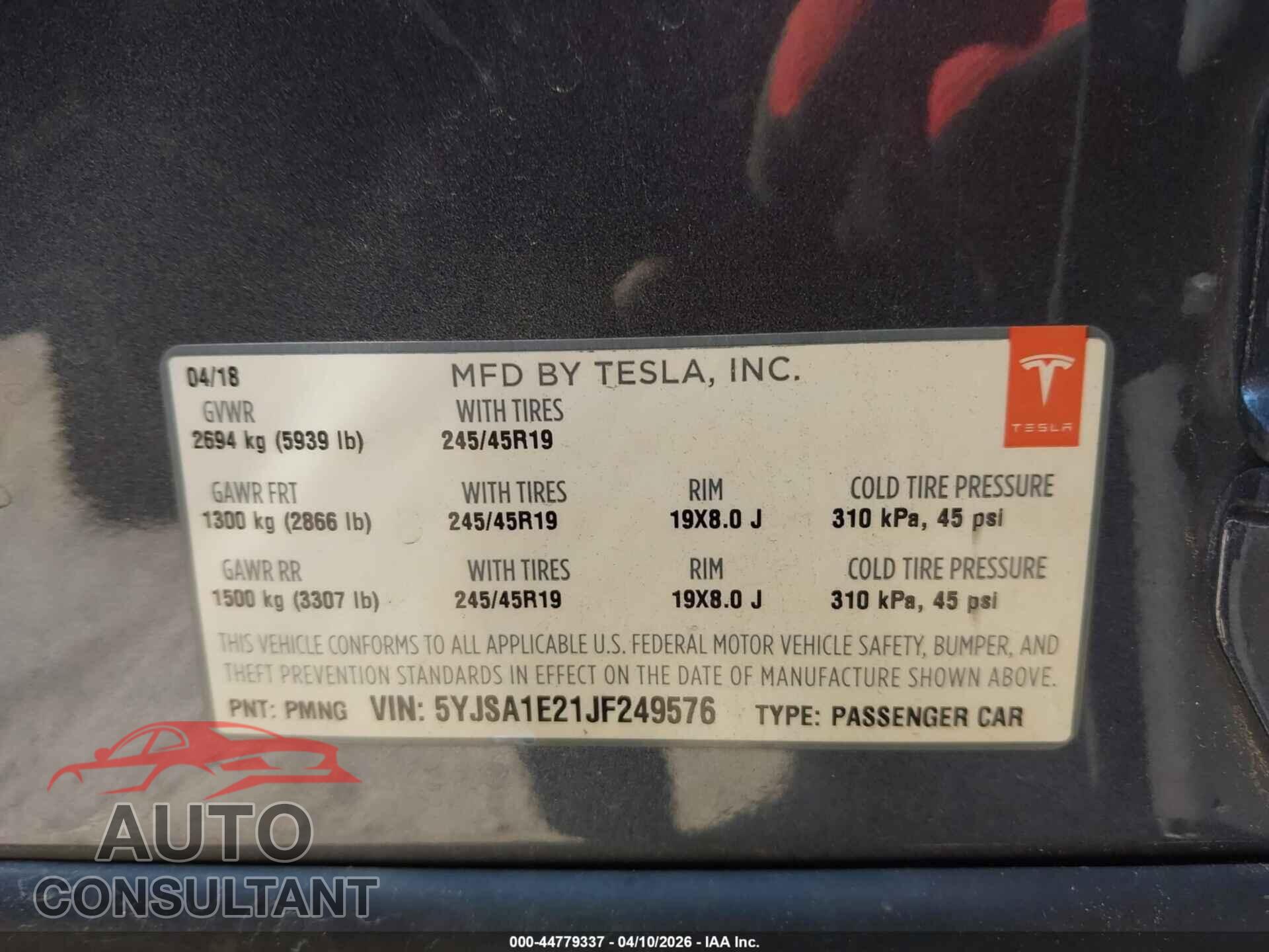 TESLA MODEL S 2018 - 5YJSA1E21JF249576