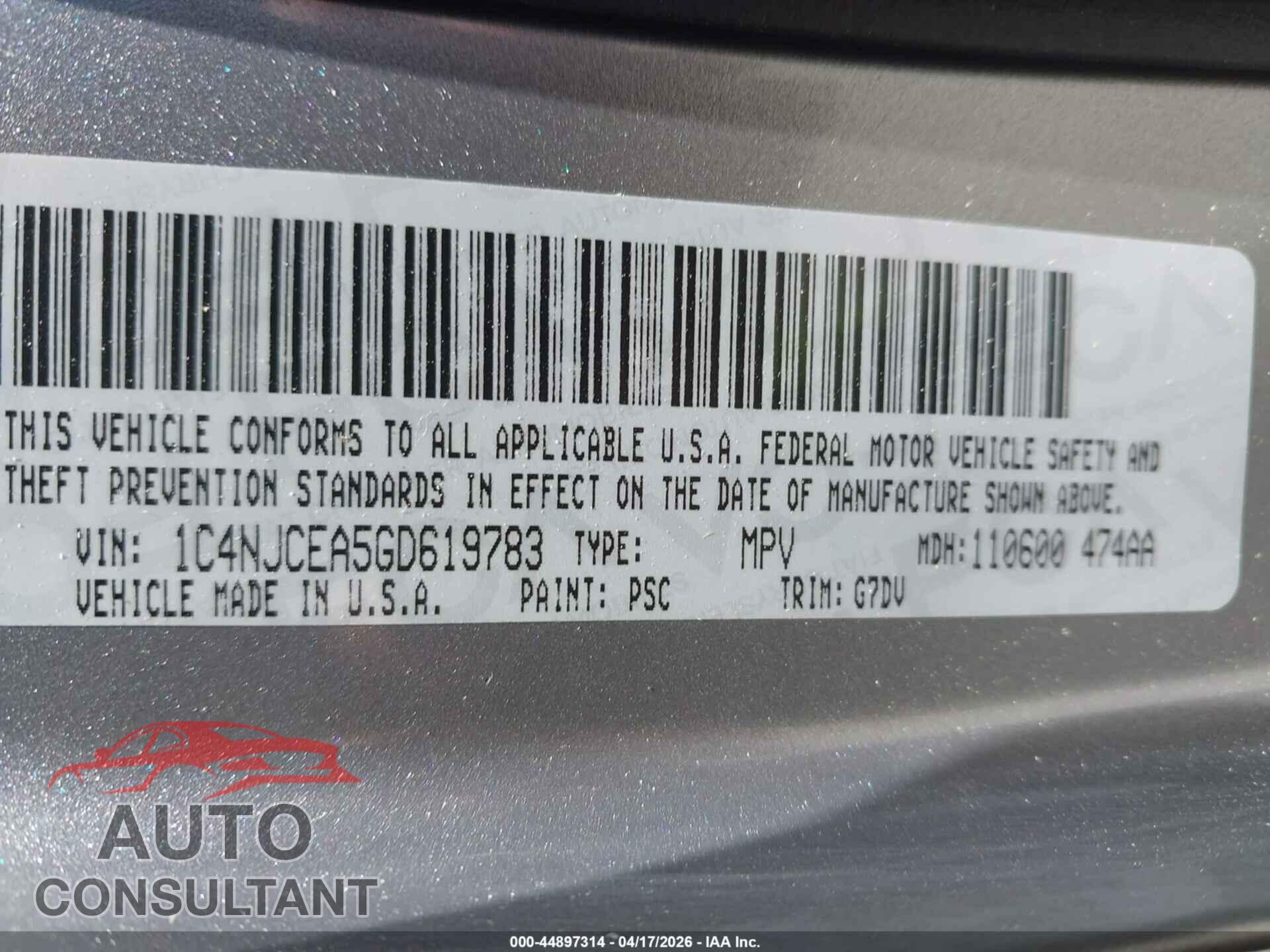 JEEP COMPASS 2016 - 1C4NJCEA5GD619783