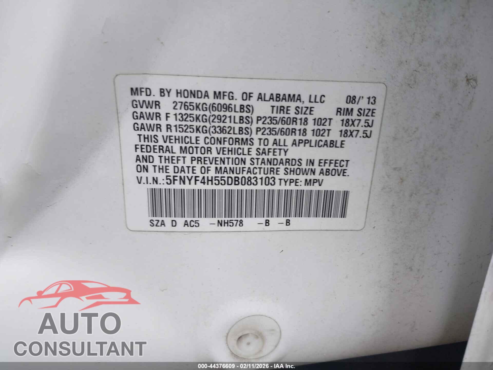 HONDA PILOT 2013 - 5FNYF4H55DB083103