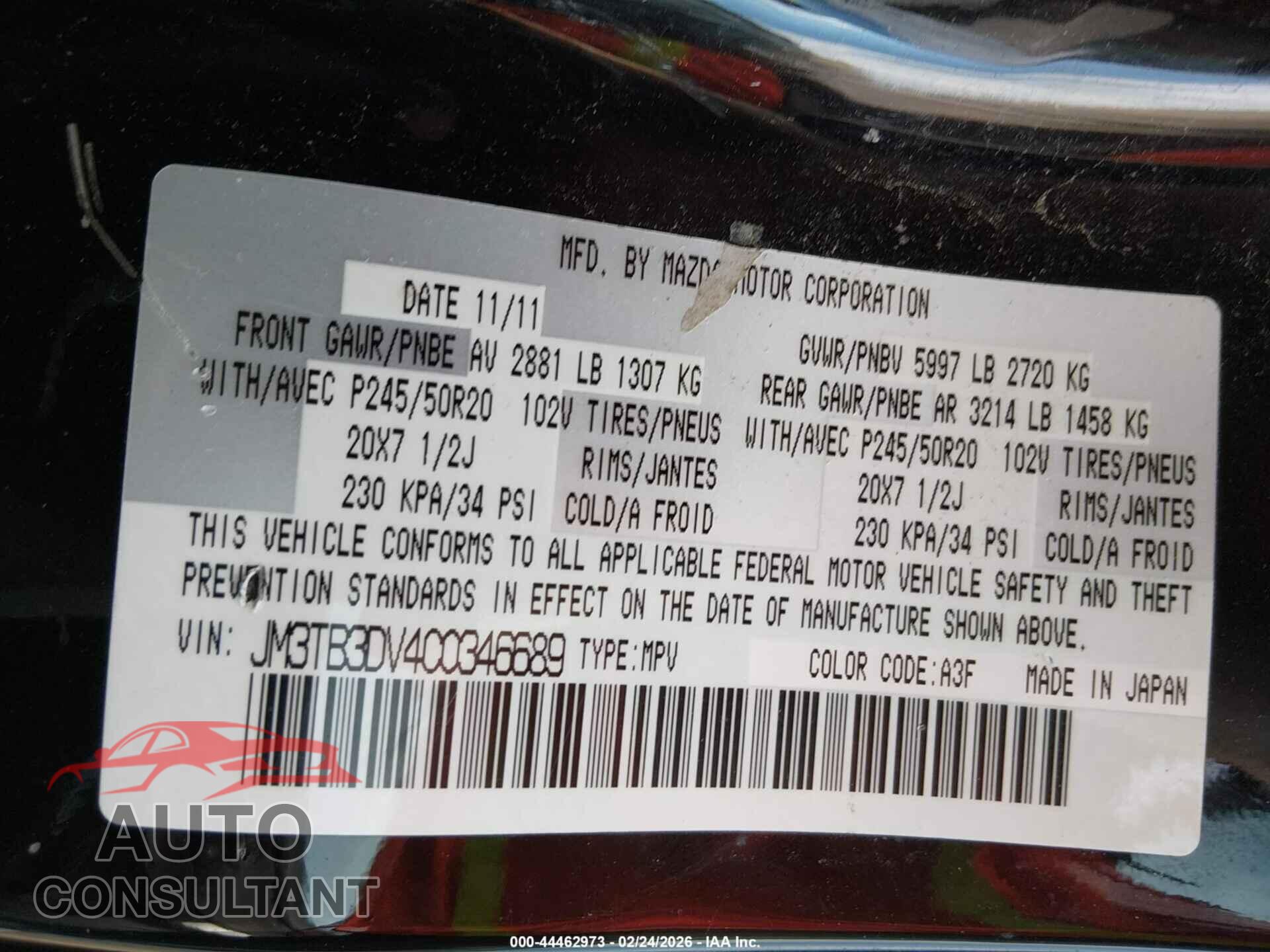 MAZDA CX-9 2012 - JM3TB3DV4C0346689