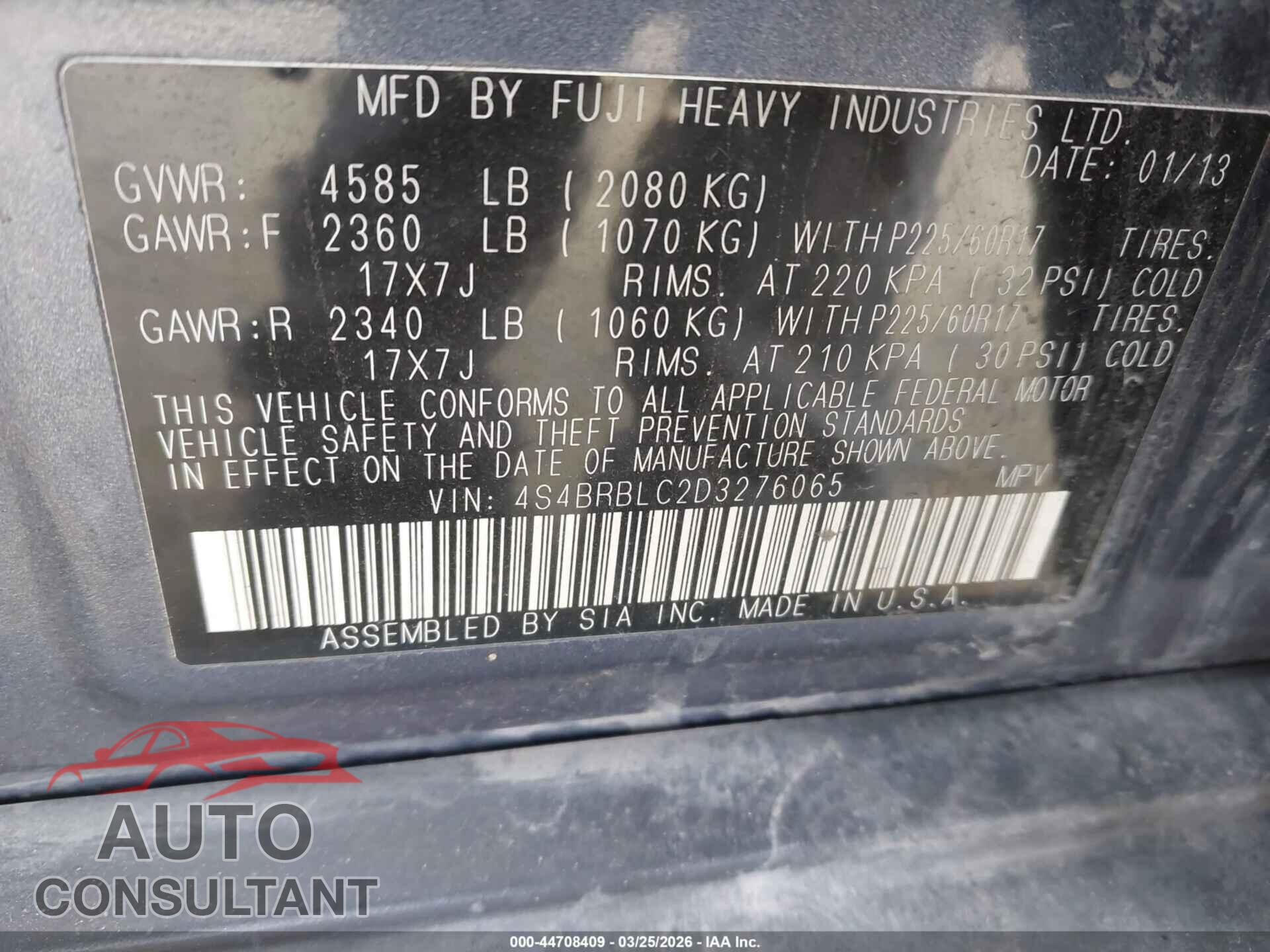 SUBARU OUTBACK 2013 - 4S4BRBLC2D3276065