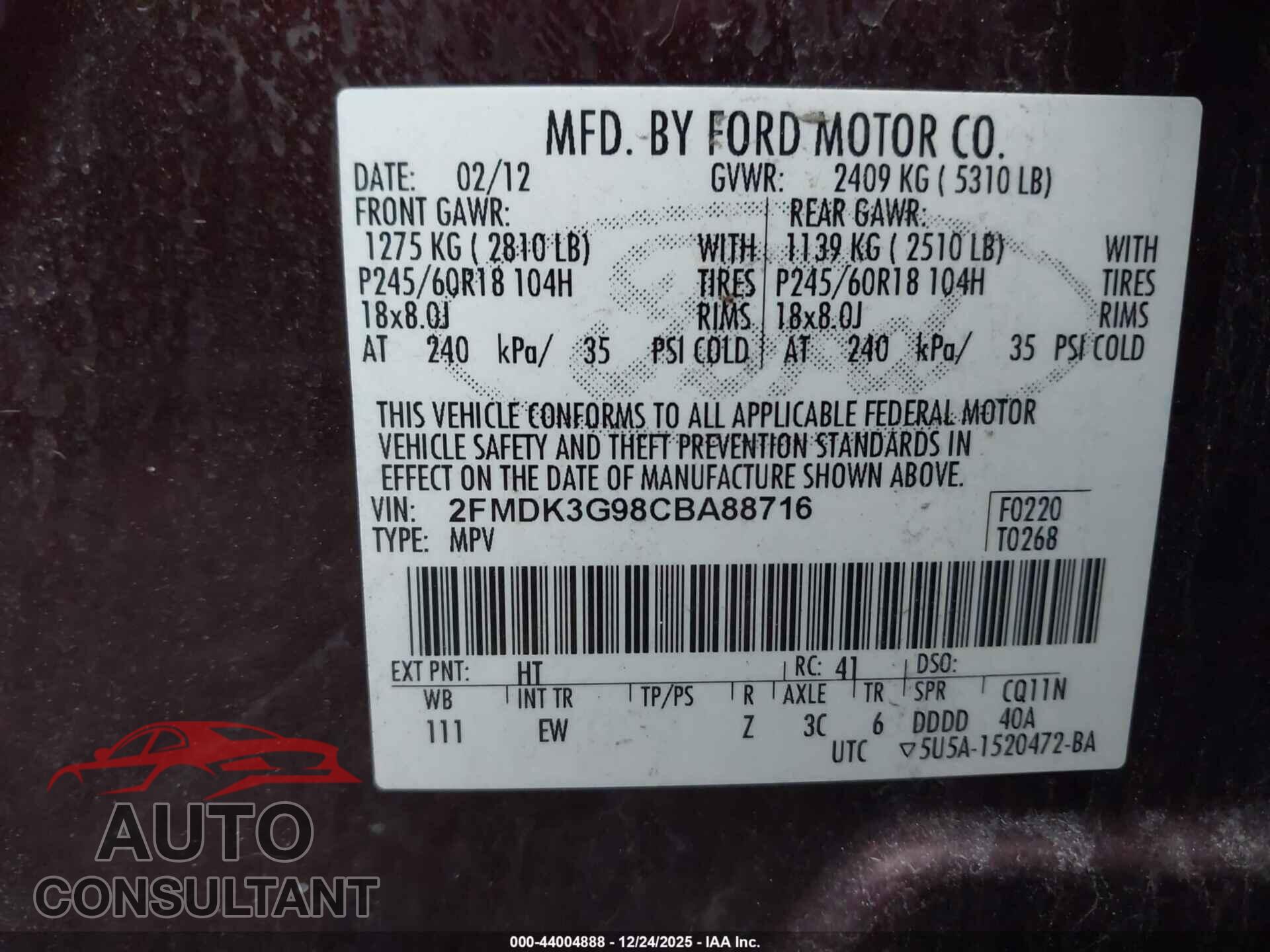 FORD EDGE 2012 - 2FMDK3G98CBA88716