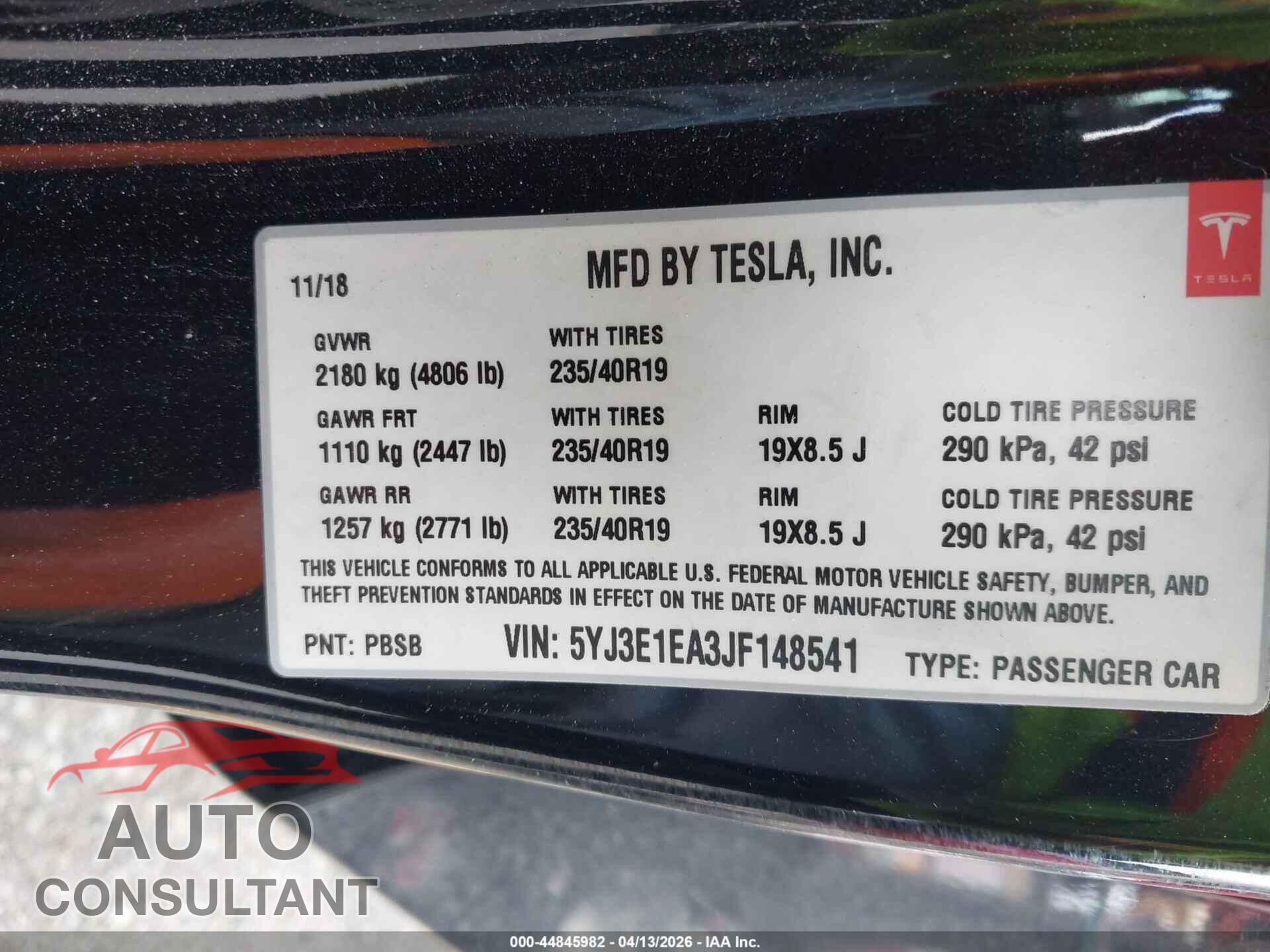 TESLA MODEL 3 2018 - 5YJ3E1EA3JF148541