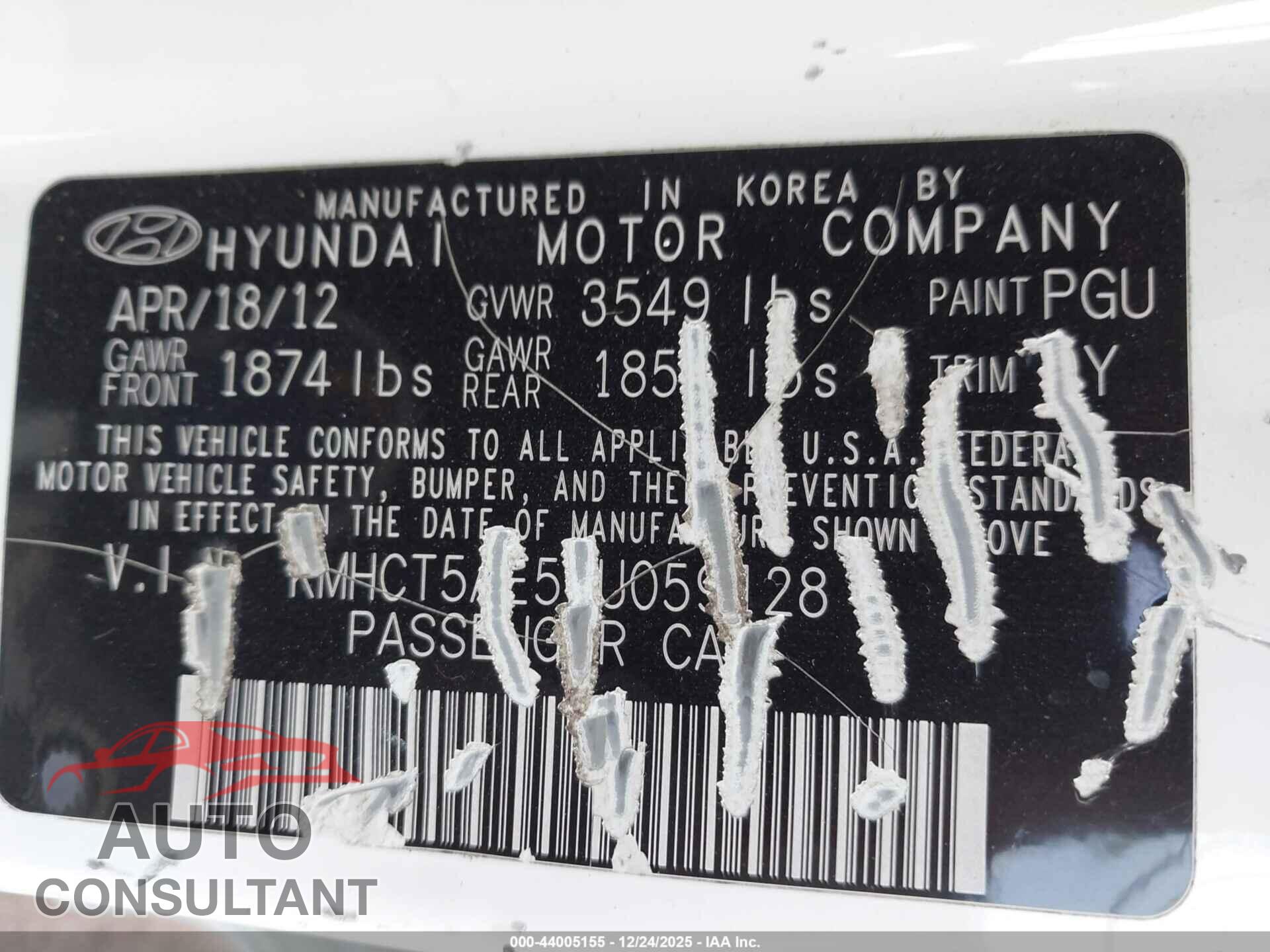 HYUNDAI ACCENT 2012 - KMHCT5AE5CU059128