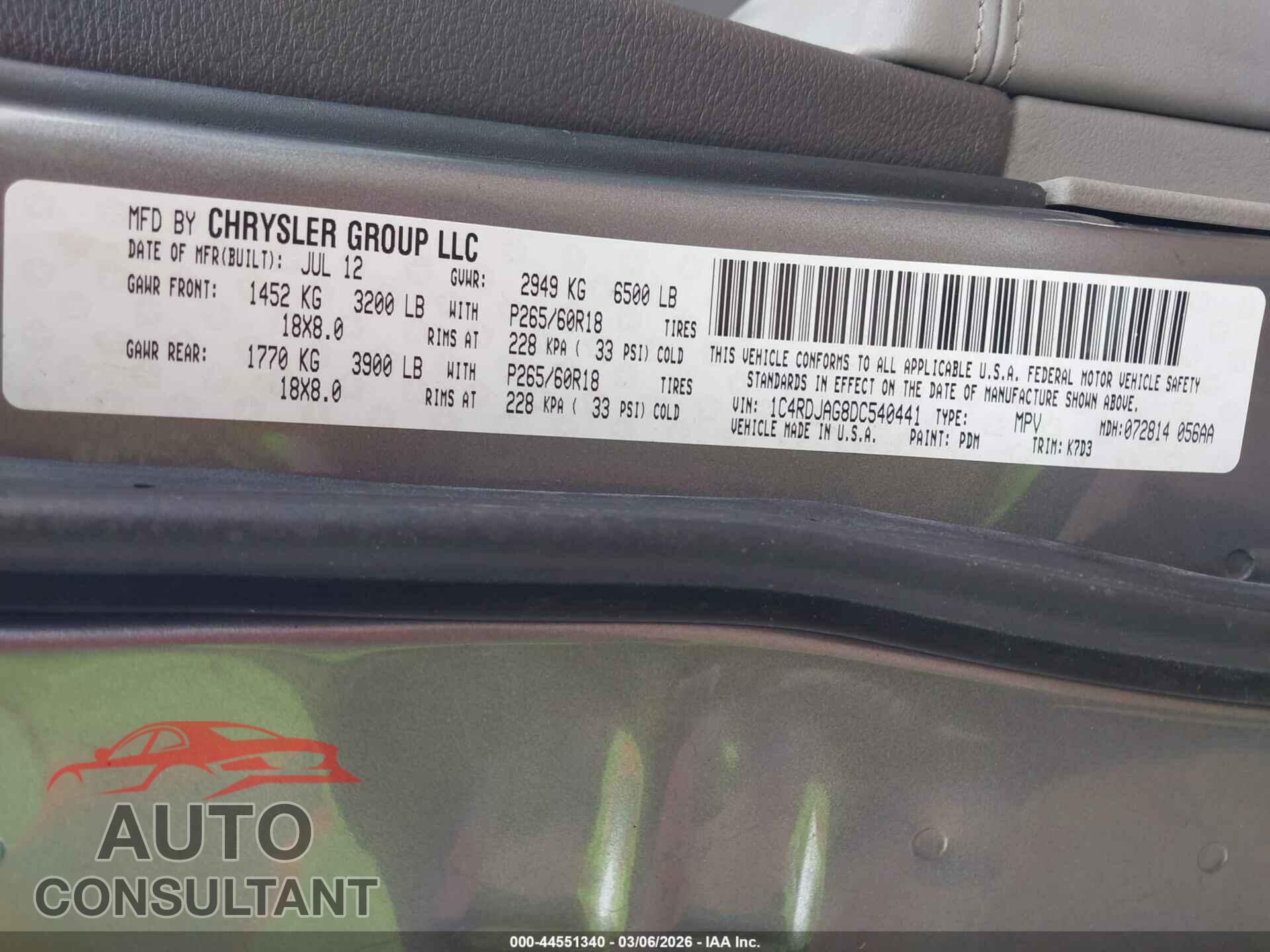 DODGE DURANGO 2013 - 1C4RDJAG8DC540441