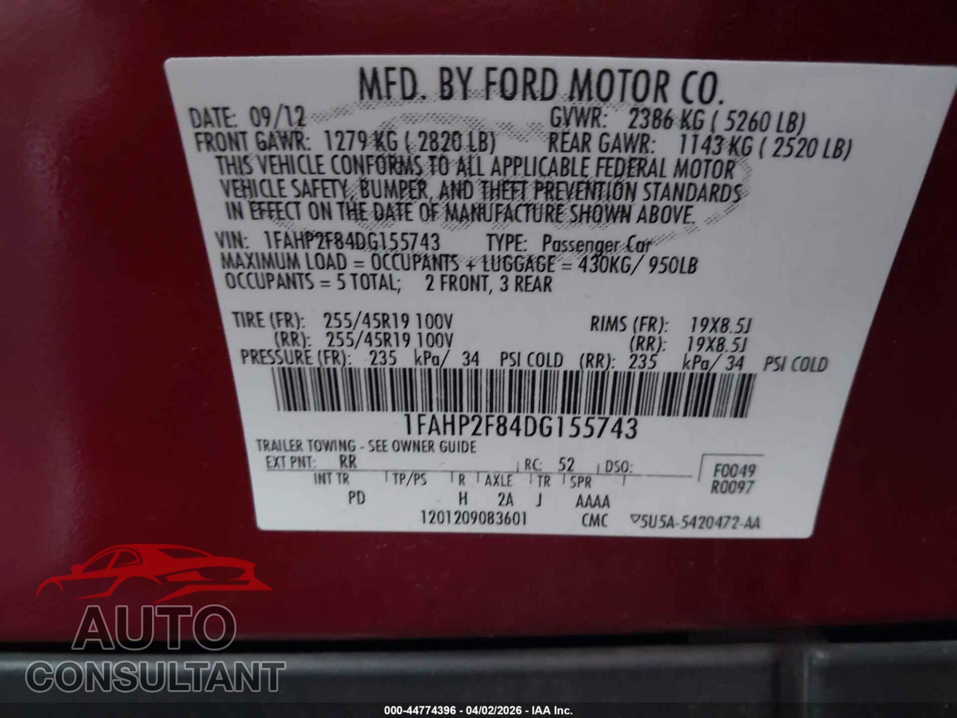 FORD TAURUS 2013 - 1FAHP2F84DG155743