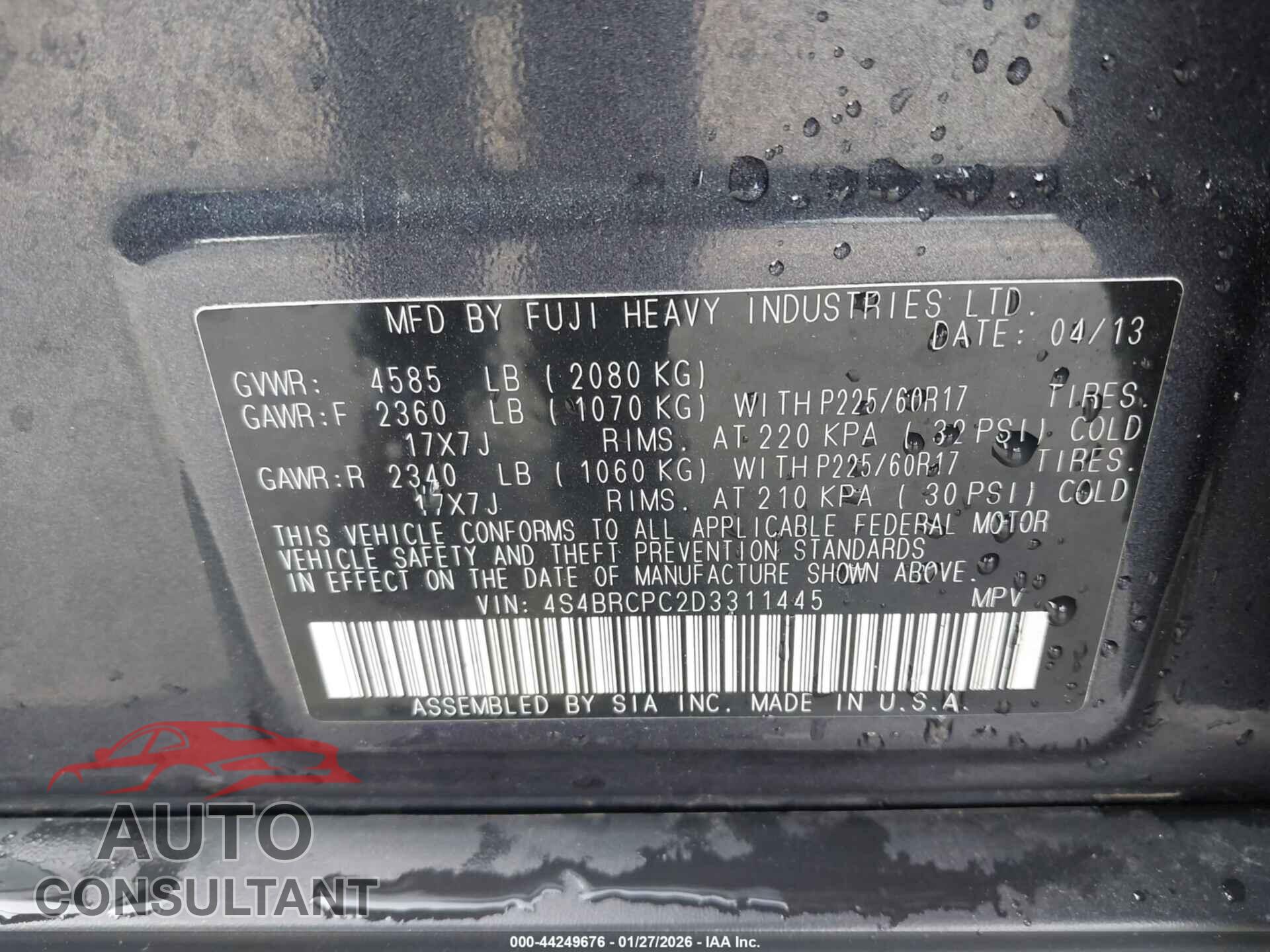 SUBARU OUTBACK 2013 - 4S4BRCPC2D3311445