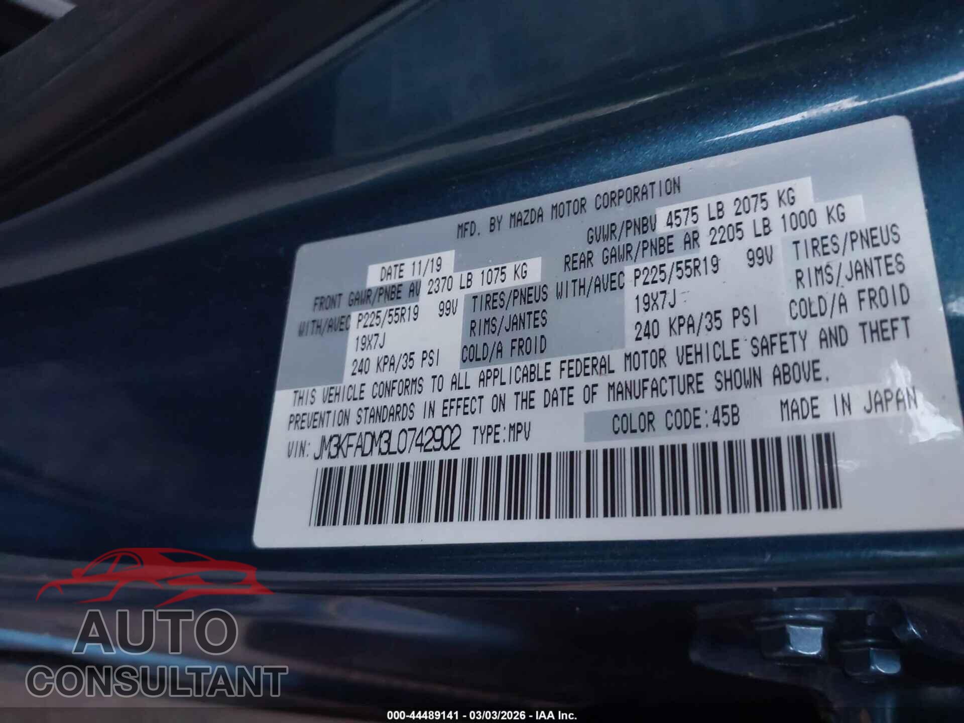 MAZDA CX-5 2020 - JM3KFADM3L0742902