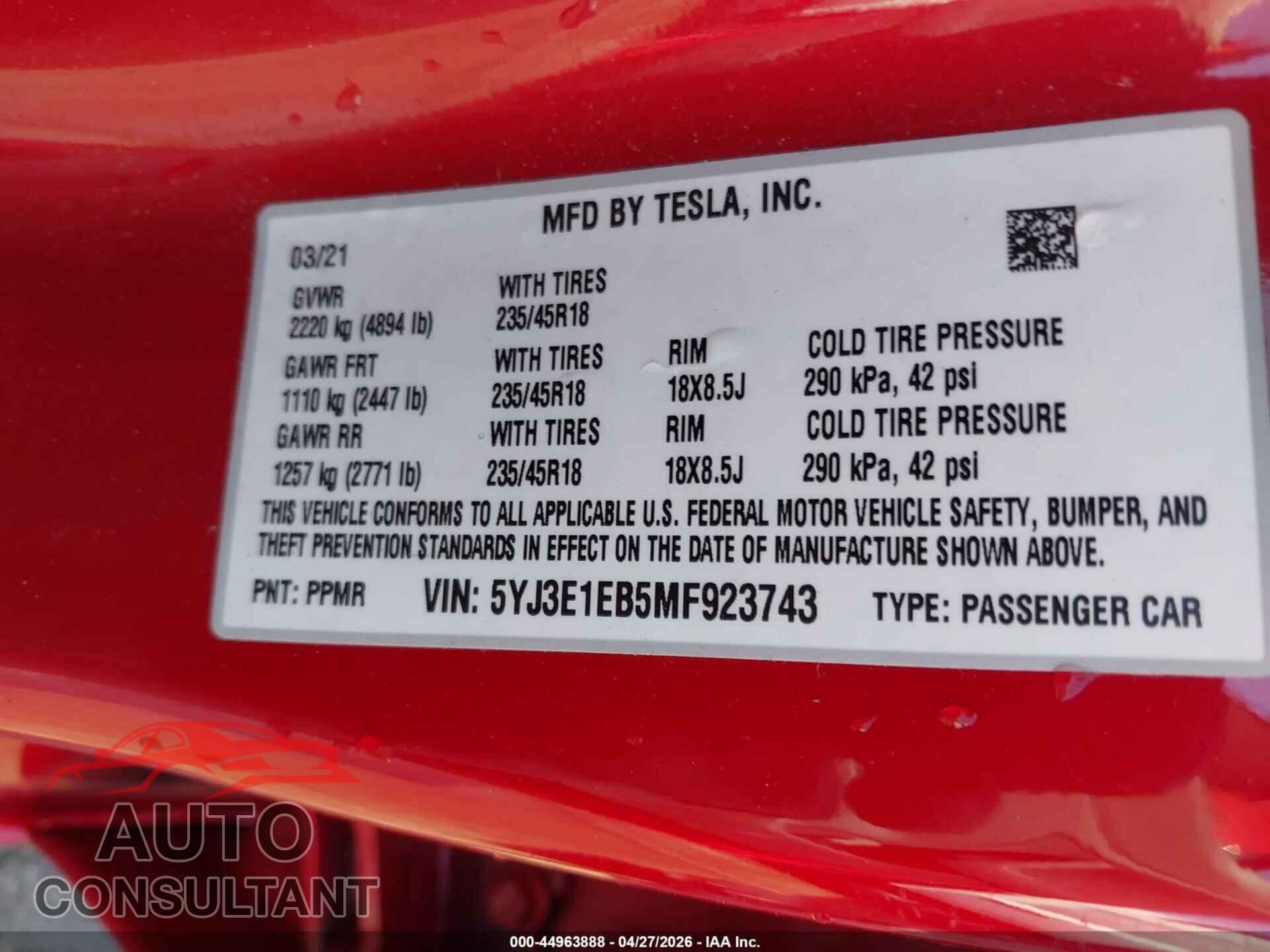 TESLA MODEL 3 2021 - 5YJ3E1EB5MF923743