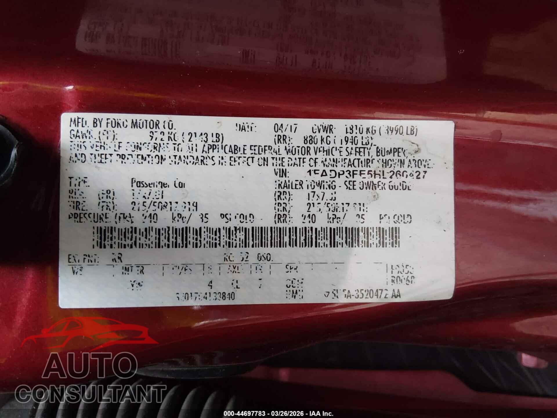 FORD FOCUS 2017 - 1FADP3FE5HL260427