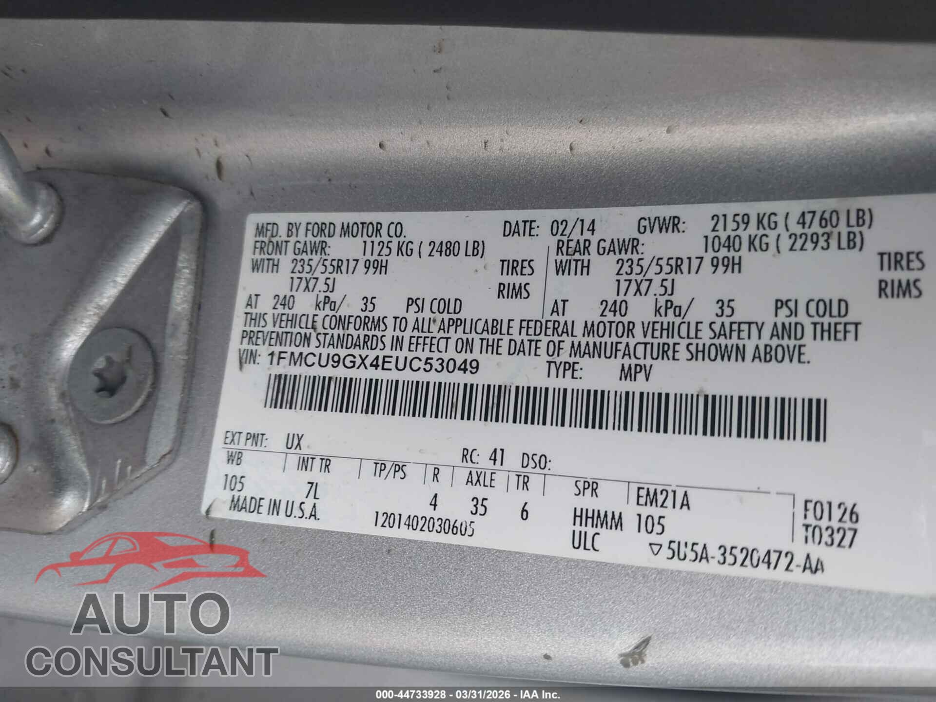 FORD ESCAPE 2014 - 1FMCU9GX4EUC53049
