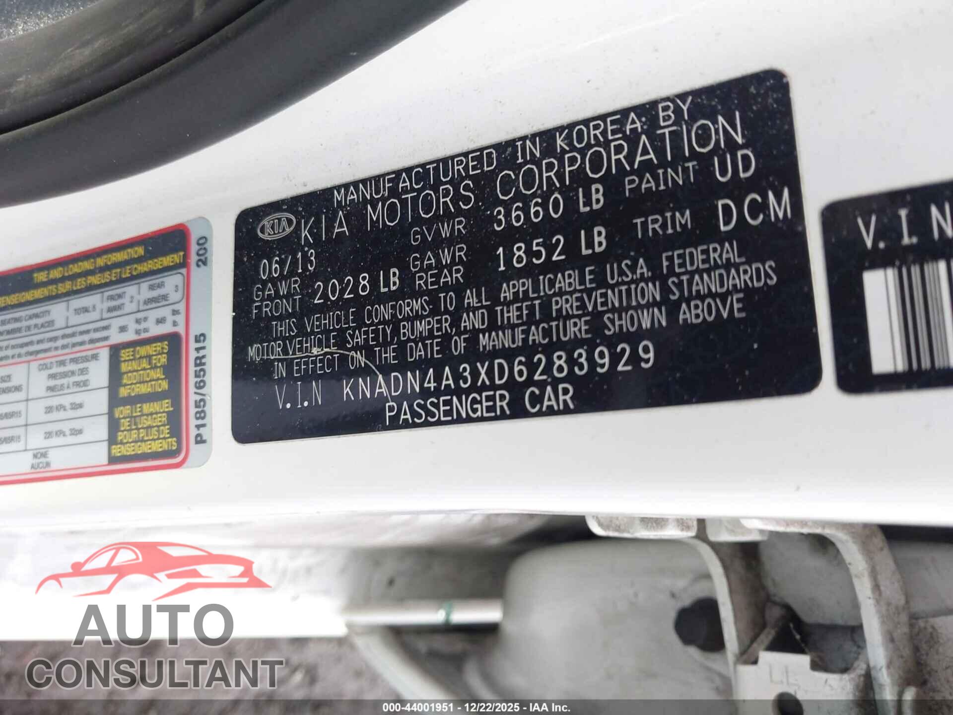KIA RIO 2013 - KNADN4A3XD6283929