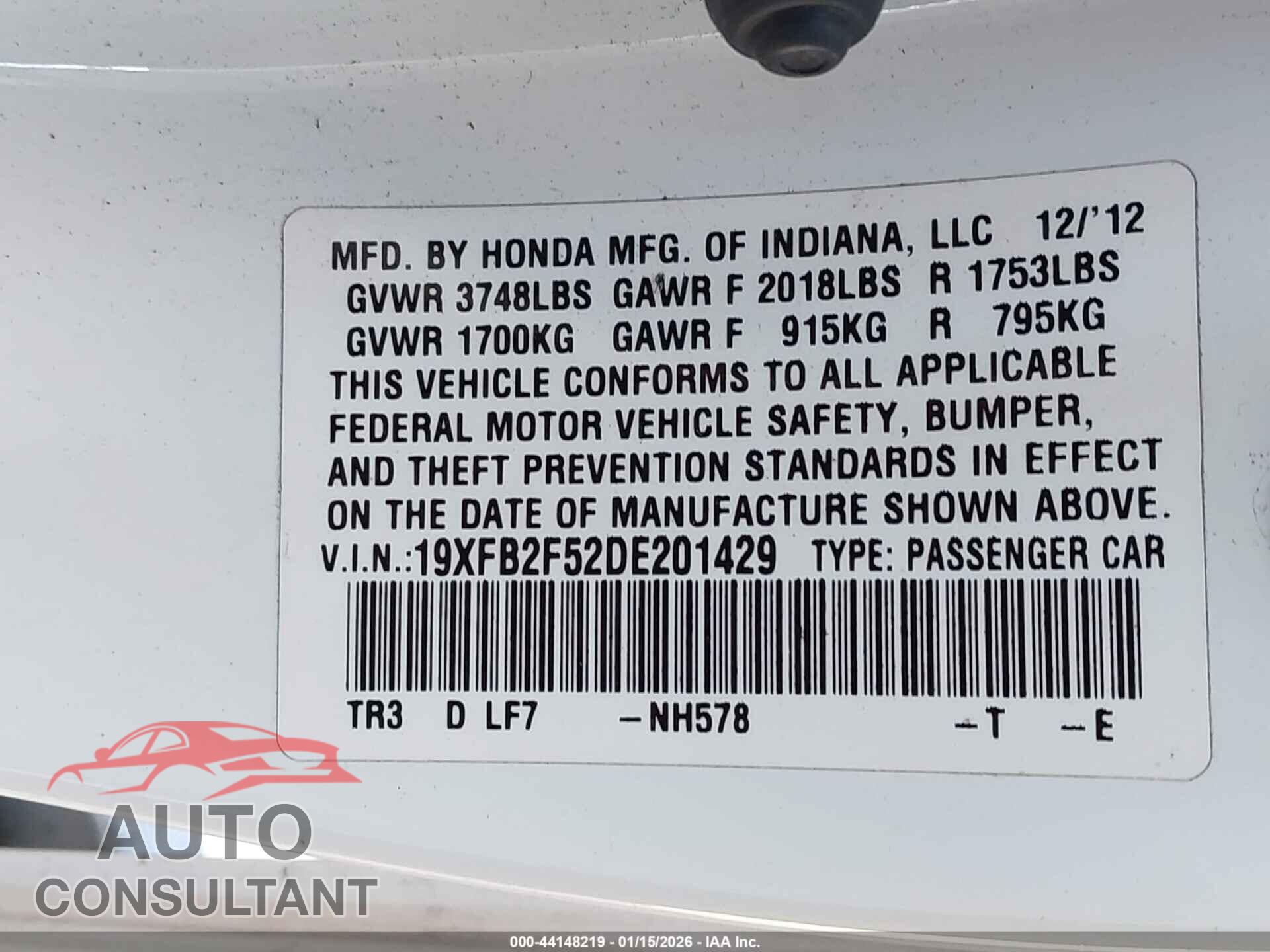 HONDA CIVIC 2013 - 19XFB2F52DE201429