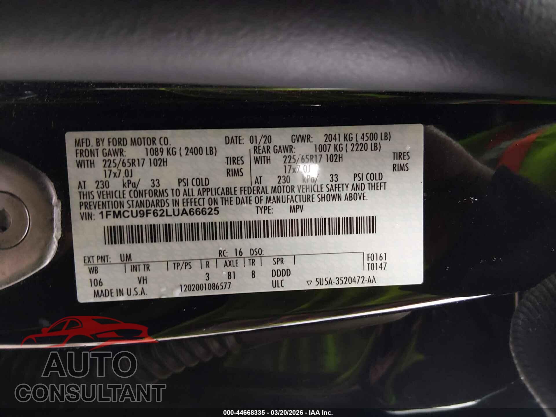 FORD ESCAPE 2020 - 1FMCU9F62LUA66625