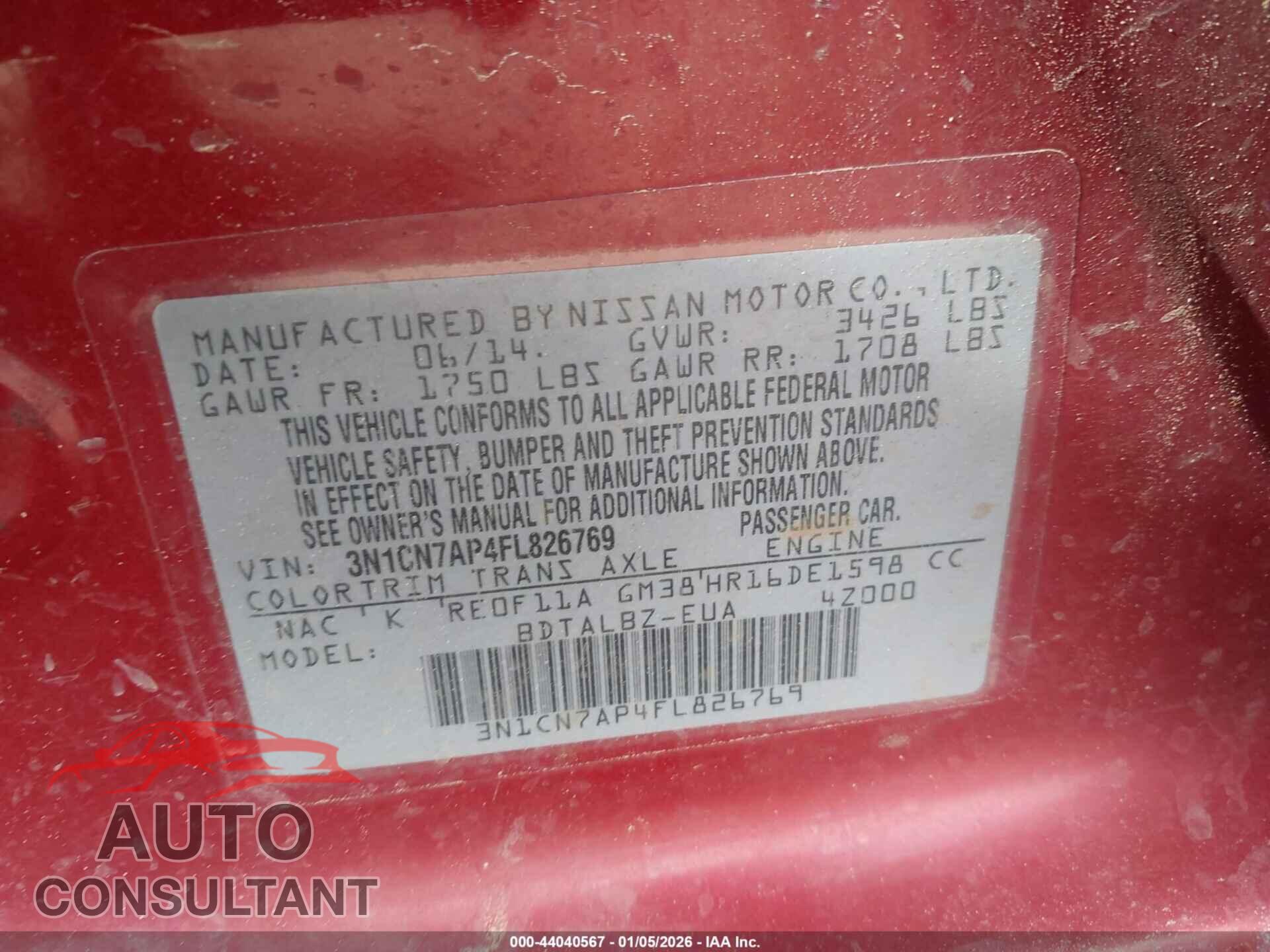 NISSAN VERSA 2015 - 3N1CN7AP4FL826769
