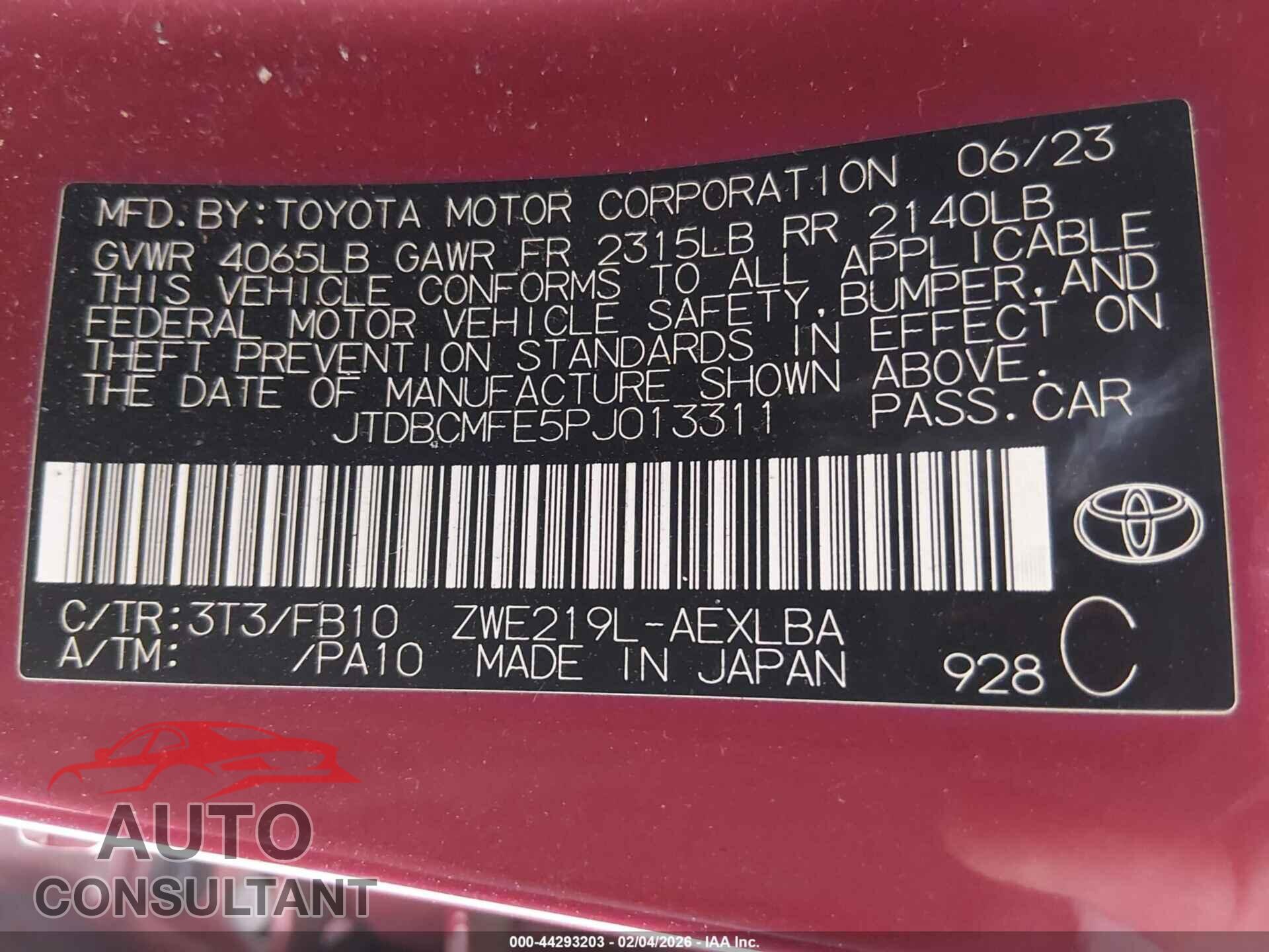TOYOTA COROLLA 2023 - JTDBCMFE5PJ013311