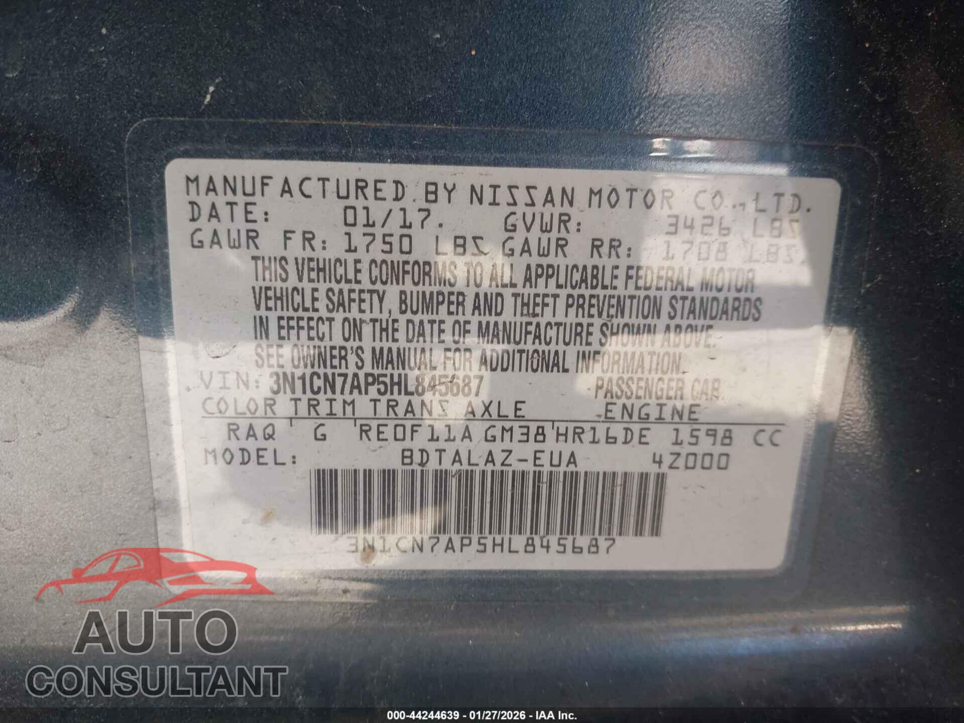 NISSAN VERSA 2017 - 3N1CN7AP5HL845687