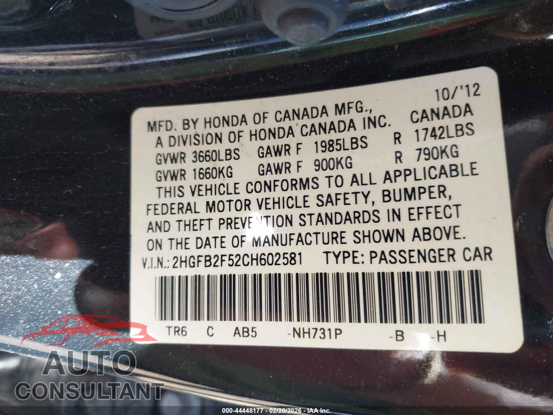 HONDA CIVIC 2012 - 2HGFB2F52CH602581