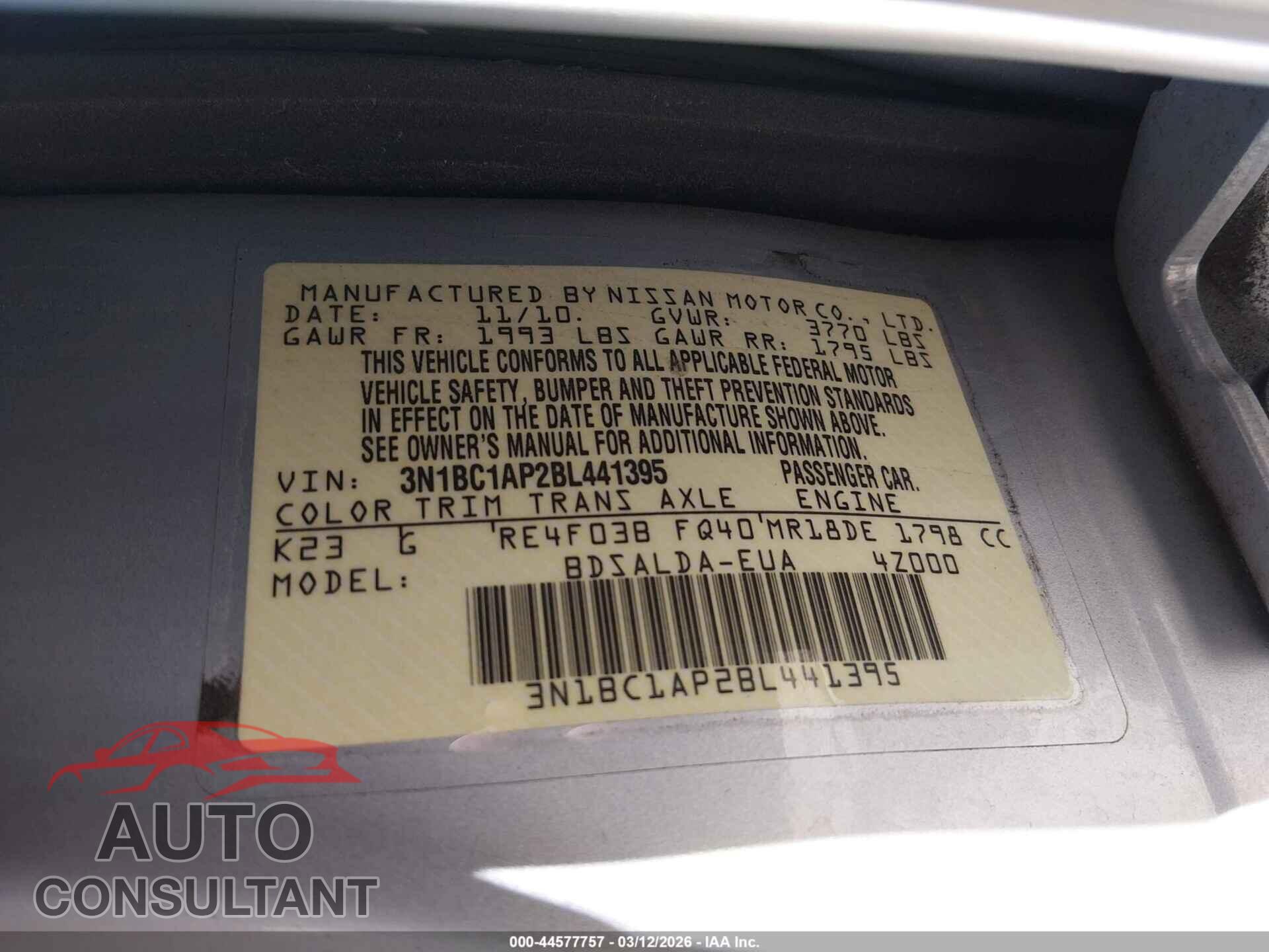 NISSAN VERSA 2011 - 3N1BC1AP2BL441395