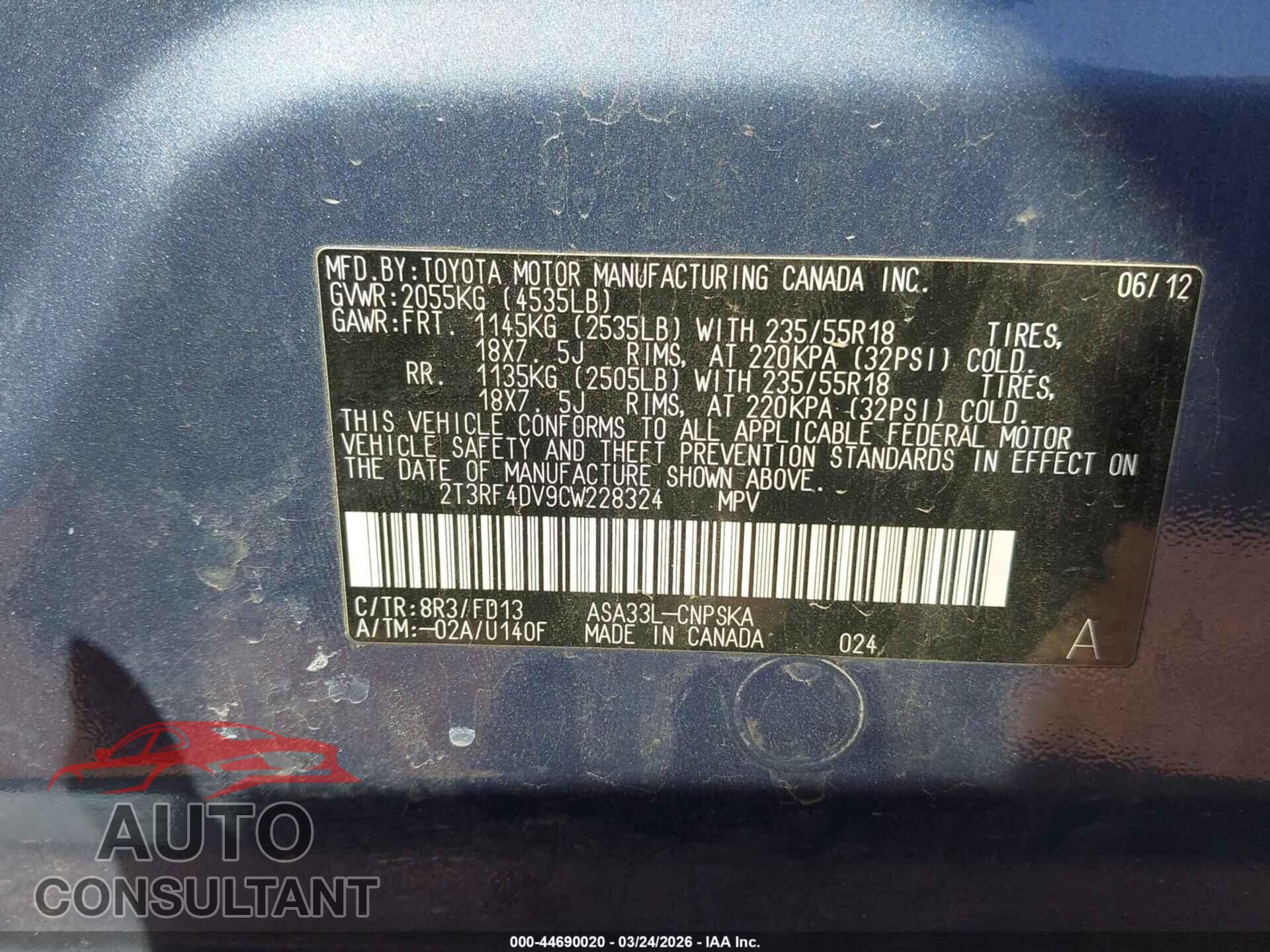 TOYOTA RAV4 2012 - 2T3RF4DV9CW228324