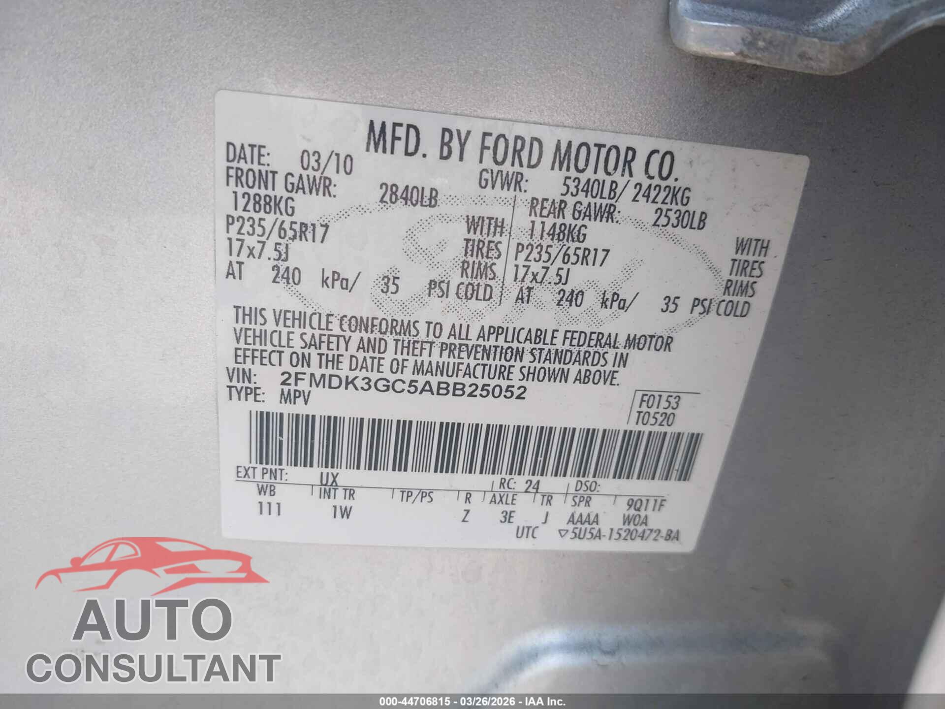 FORD EDGE 2010 - 2FMDK3GC5ABB25052