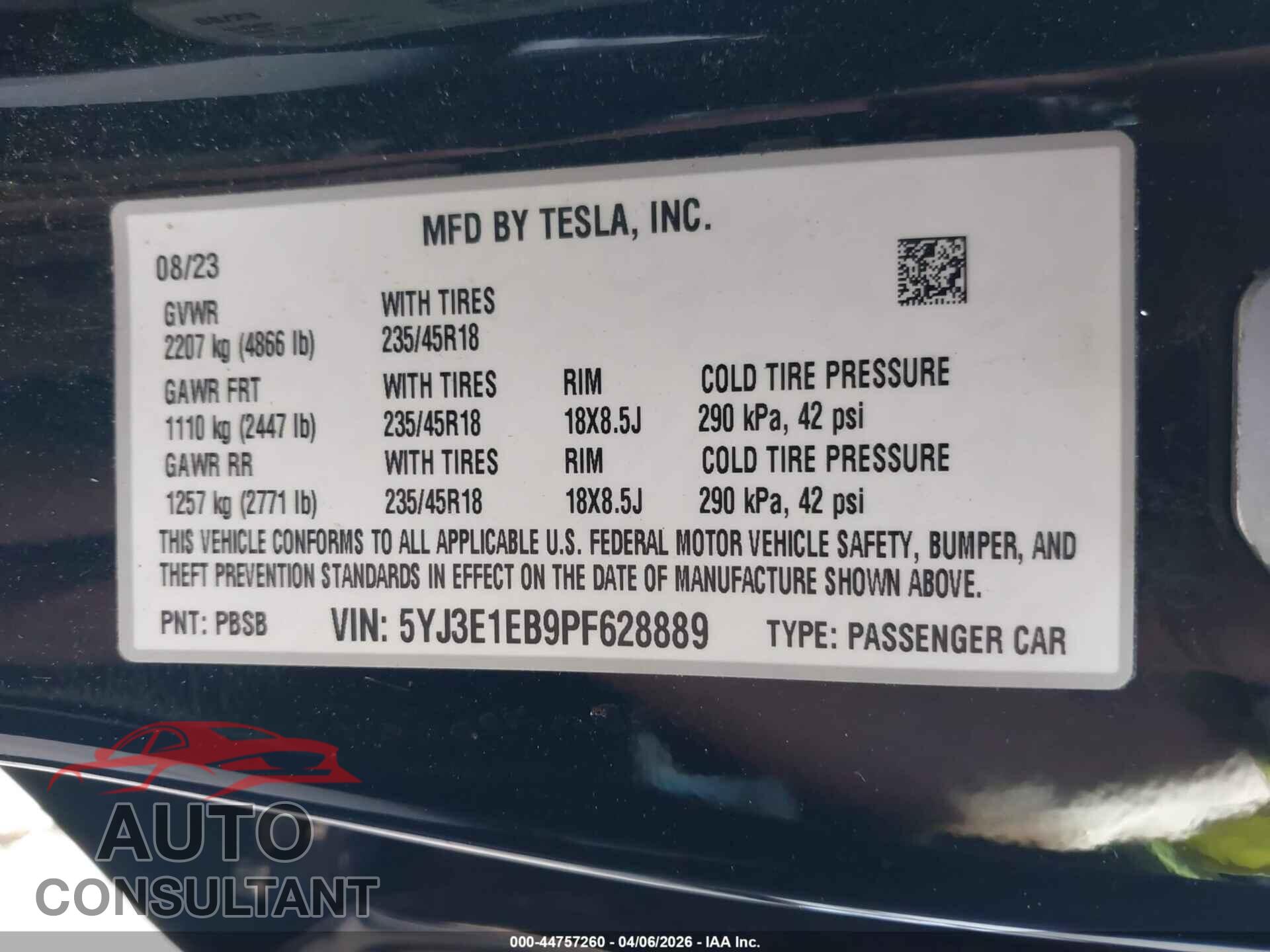 TESLA MODEL 3 2023 - 5YJ3E1EB9PF628889