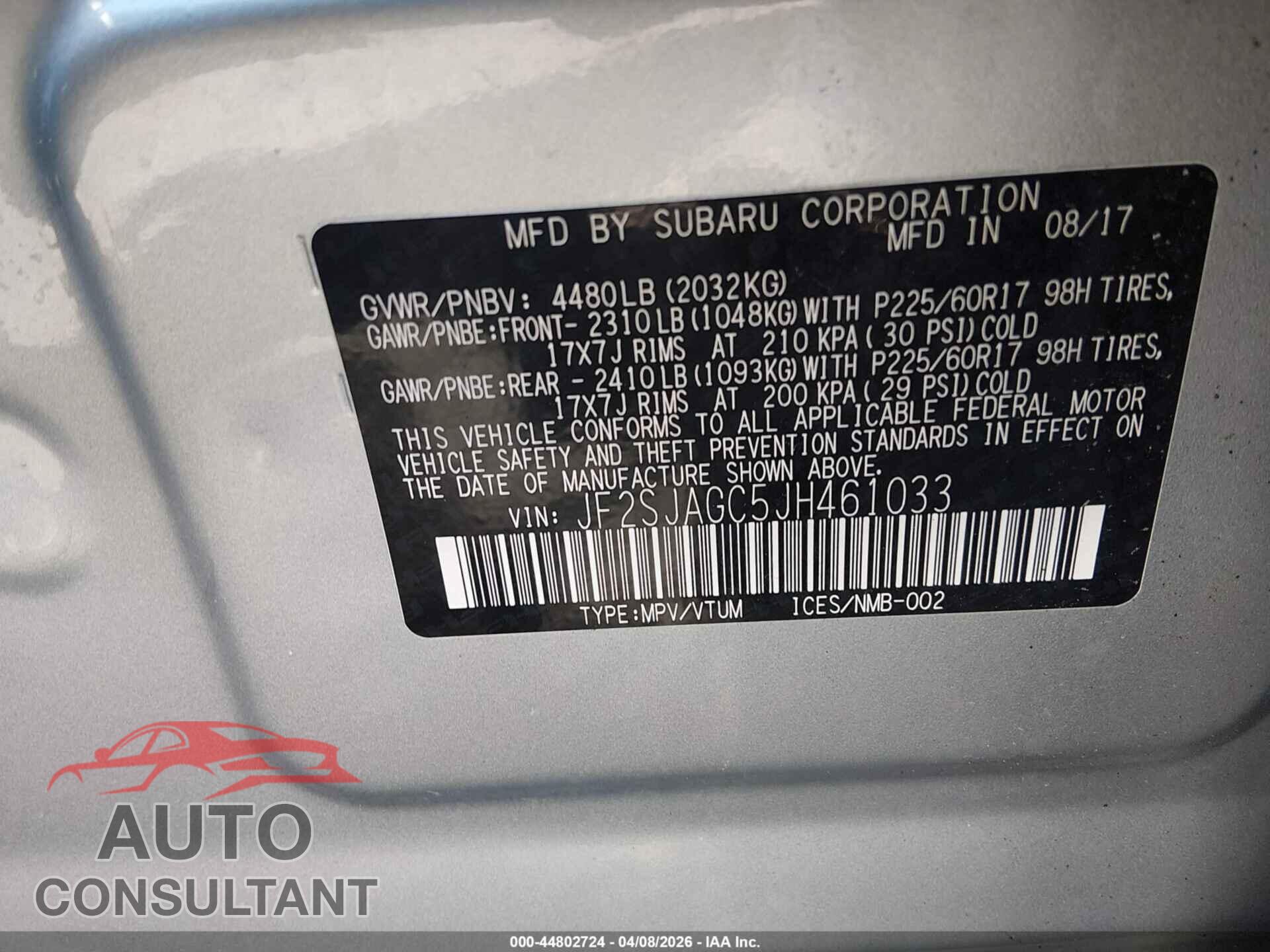 SUBARU FORESTER 2018 - JF2SJAGC5JH461033
