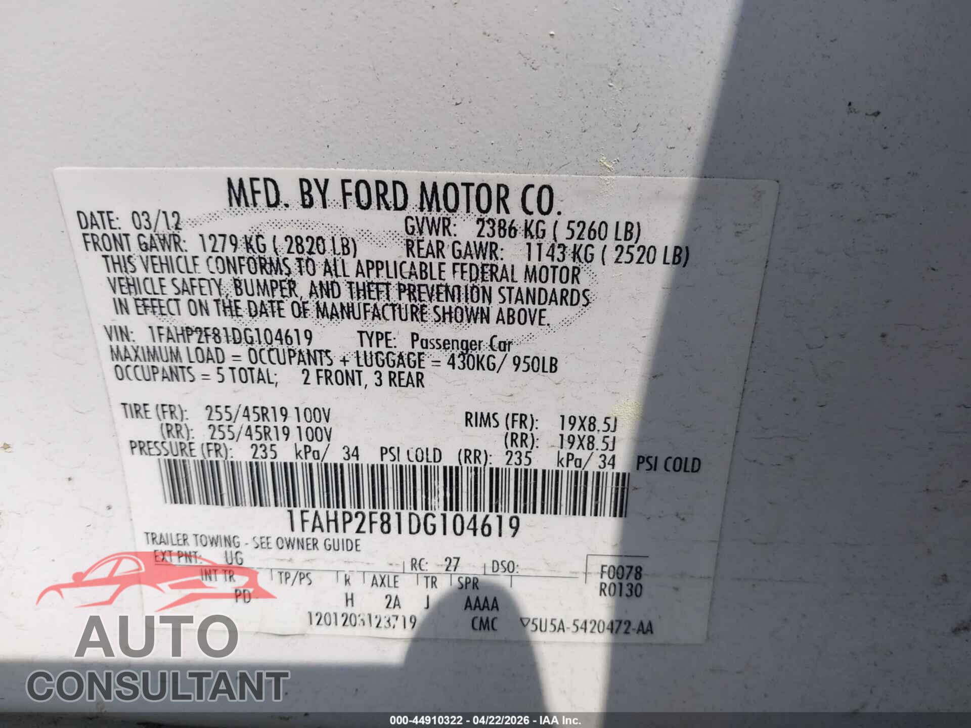 FORD TAURUS 2013 - 1FAHP2F81DG104619
