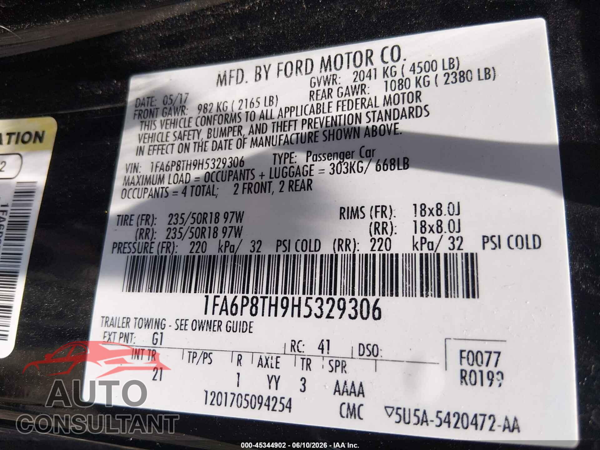 FORD MUSTANG 2017 - 1FA6P8TH9H5329306