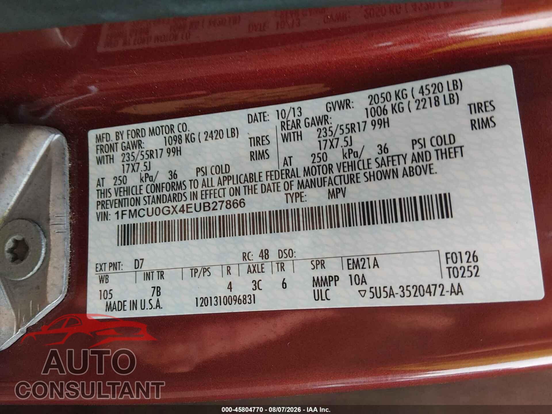 FORD ESCAPE 2014 - 1FMCU0GX4EUB27866